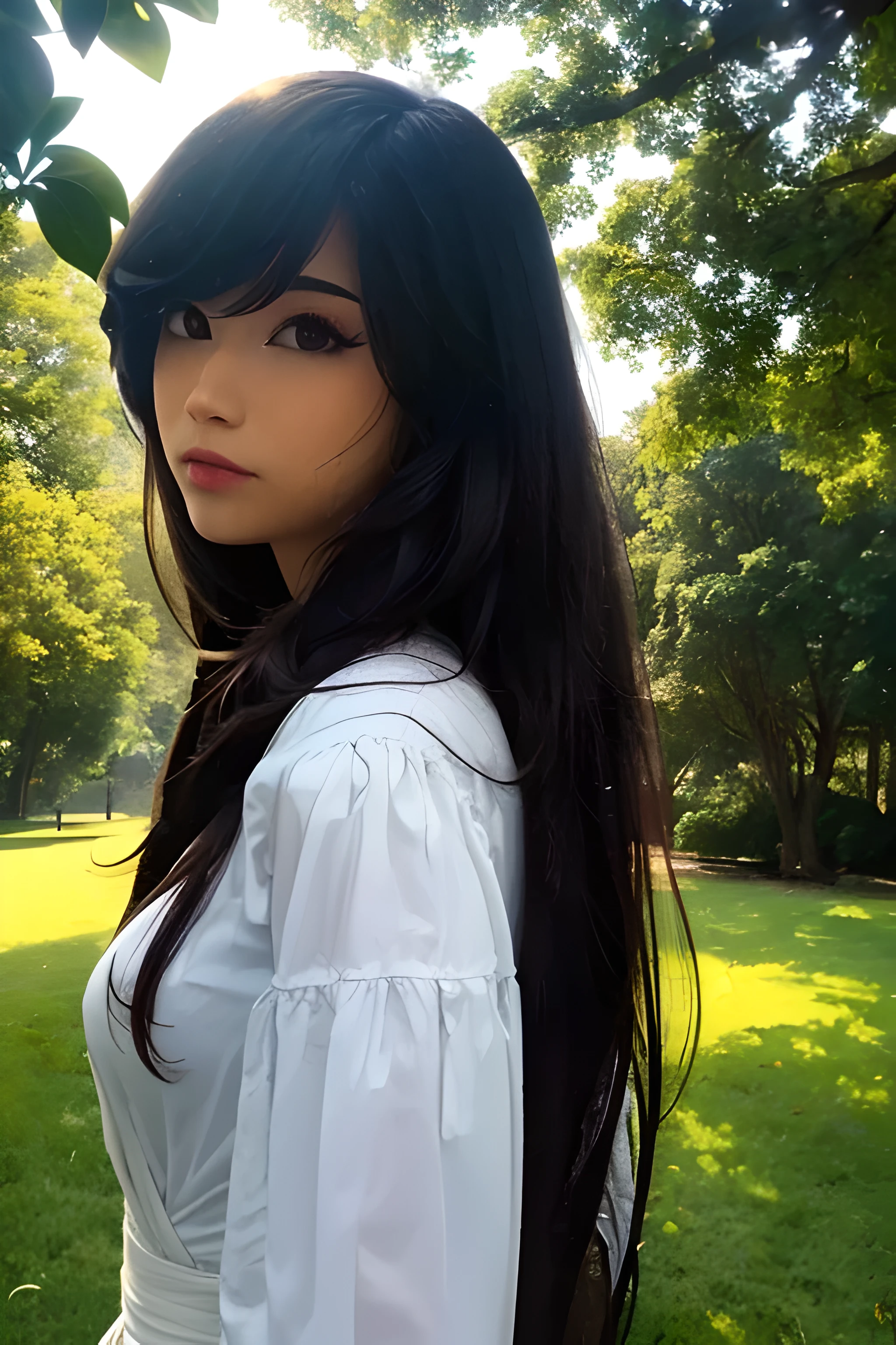 (rule of thirdasterpiece), (highly detailed), (realistic), (photorealistic),(1girl, black hair, long hair, brown eyes, Emiru, looking at viewer, white dress,) (park background, flowers, trees, foliage, grass, sunny, outdoors,) (close up, cowboy shot, dynamic lighting, cinematic lighting, depth of field, bokeh, godrays, fog, volumetric lighting,)