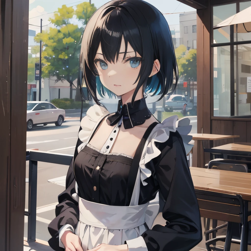 (masutepiece:1.2, Best Quality),  [1 girl in, expressioness, Turquoise eyes, front facing, jet-black hair, half short hair,straight hair, Jacket is taken off, Cafe Apron,black skirt,]