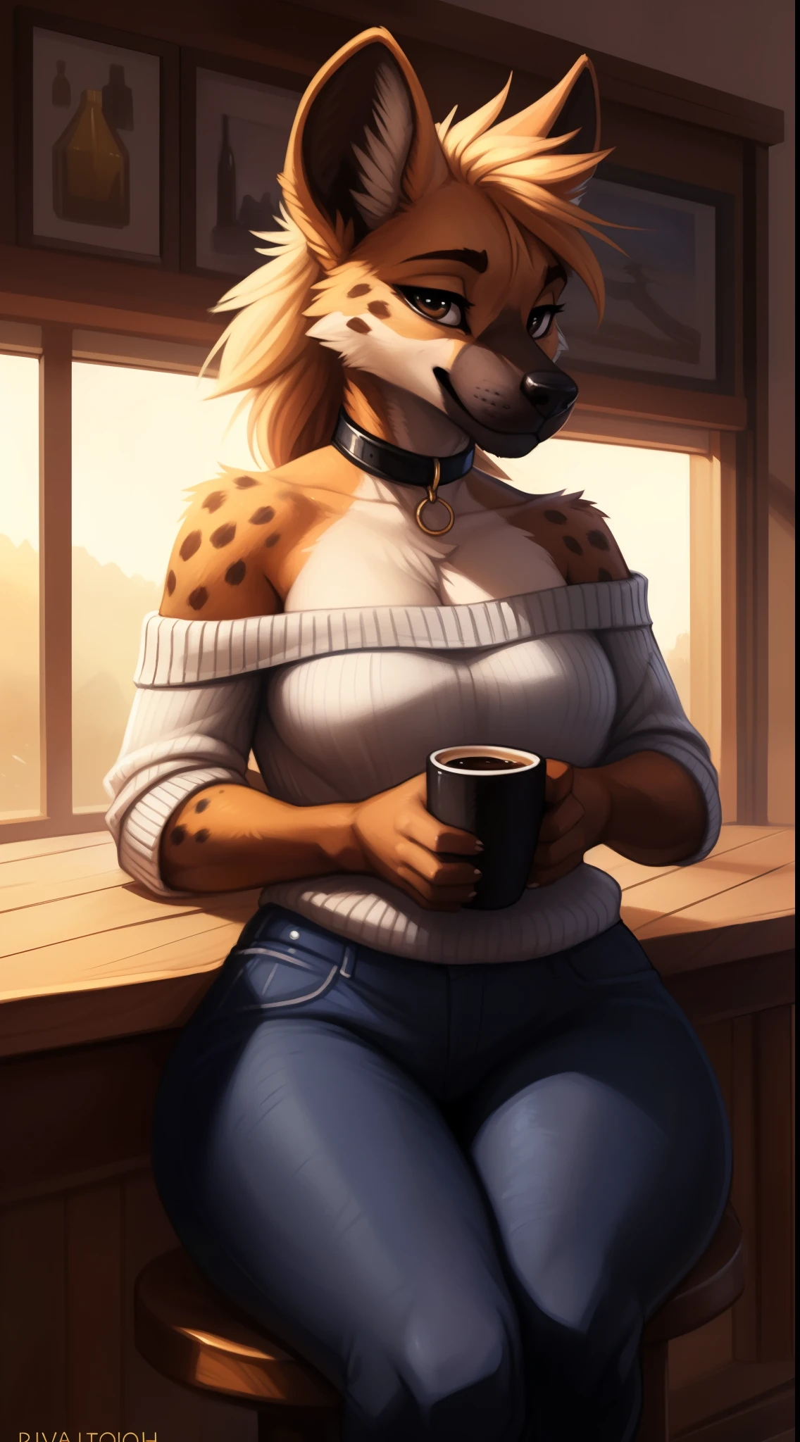 fluff-kevlar, by Zackary911, by Kenket, by Kilinah, by fluff-kevlar, (masterpiece), (best quality), (anthro furry:1.3, snout:1.2, anthro:1.3, furry:1.2, solo female:1.2), (extremely detailed:1.3), (extremely detailed eyes), (muscular figure, thick figure), (wide hips), (thick thighs), black jeans, choker, wearing an off-shoulder sweater, day time, (coffee shop background), sitting in a booth, (perfect posture, king expression), Draft Sketch (nsfw)))), uploaded the e621, beautiful and detailed,woman (((female))) ((anthro)) hyena, Ross Tran, by ruan jia, by zaush, by foxovh, lighting cinematic, seductor, hyena