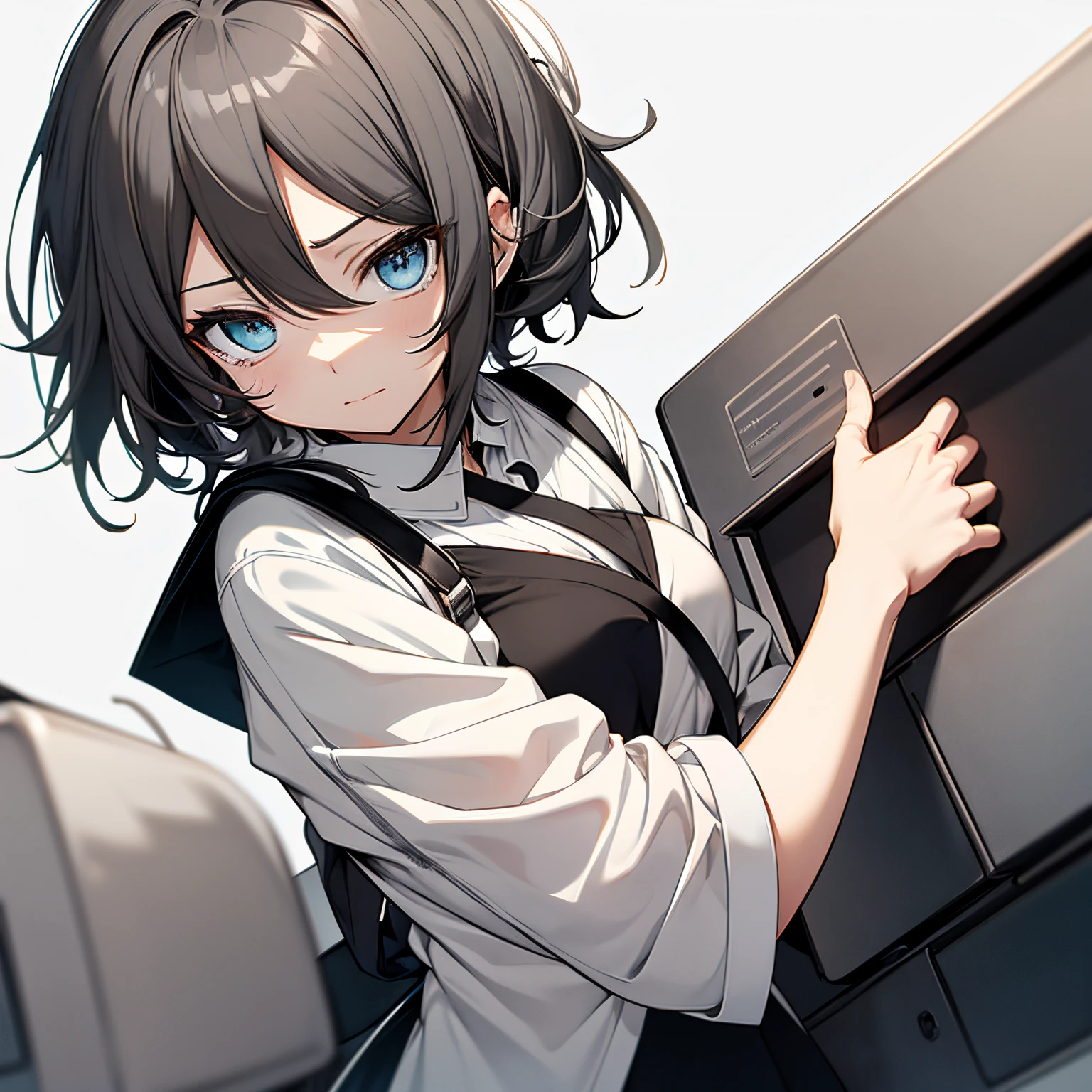 (masutepiece:1.2, Best Quality),  [1 girl in, expressioness, Turquoise eyes, front facing, jet-black hair, half short hair,straight hair,Cafe Apron, black skirt,] (Gray white background:1.5),