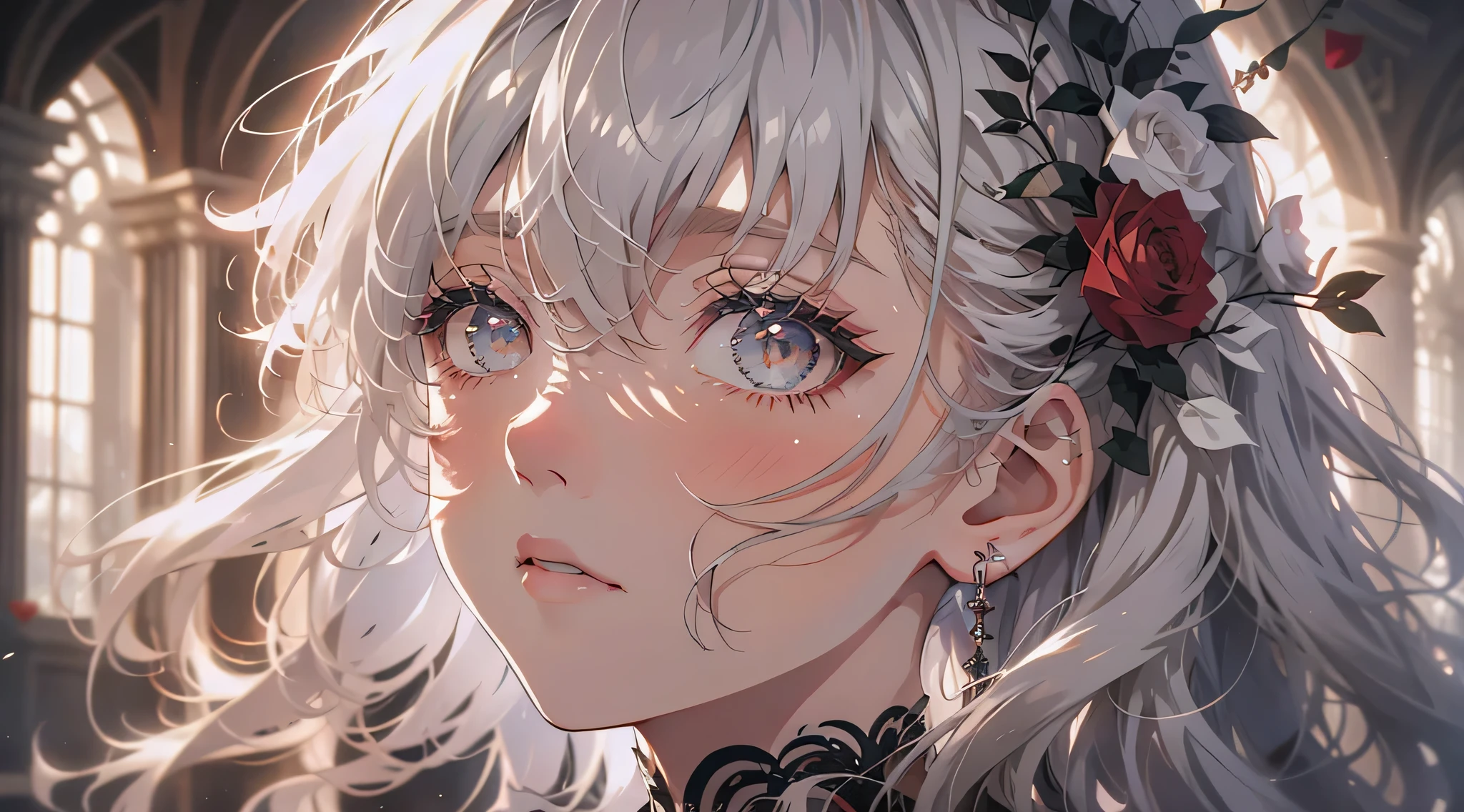 A teenage girl，Wilted roses，Gothic，White hair，Hyper-Resolution，Accuracy，detail render，（Delicate Face Portrayal）（Fine hair depiction）（Best quality）（tmasterpiece）（High degree of completion）（a sense of atmosphere）tmasterpiece，ultra - detailed（Broken）style of anime