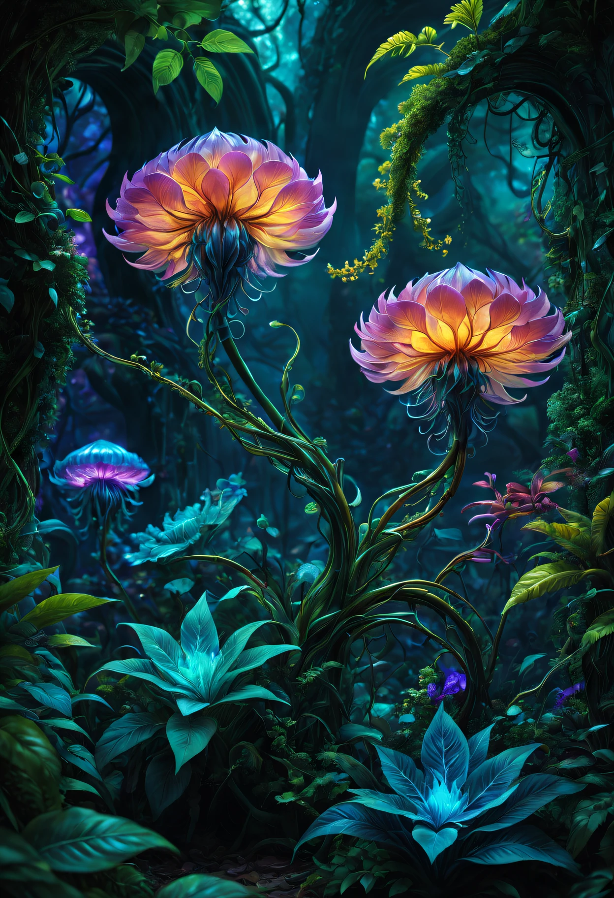 (Best quality at best,4K,8K,A high resolution,tmasterpiece:1.2),ultra - detailed,(actual,photoactual,photo-actual:1.37),bright colorful lights,vivd colour,plant dream,Magical alien plants,Ethereal atmosphere,Otherworldly,an alien landscape,Alien vegetation,alien flora,unusual plant life,exotic display,Nourished by cosmic energy,Phosphorescence,Glowing petals,Crystal leaves,bioluminescent tendrils,Surreal and energetic,rich saturation,organic shapes,Translucent flowers,Fantastic fantasy,enchanted surroundings,lush growth,rich foliage,Twisted vines,Glittering leaves,unusual texture,curved form,aromatic smell,Otherworldly美丽,Mysterious temptation,mythological nature,enchantedgarden,hidden sanctuary,peaceful tranquility,in harmony with nature.