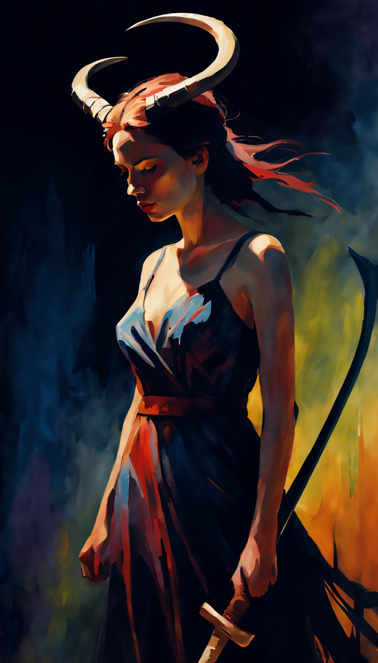 a girl with horns and a scythe in a designer dress, dark theme, paint drawing. The dark-themed image, which seems to be a mesmerizing picture, demonstrates the striking presence of a girl against a background of shadows and intrigue.  A mysterious narrative of minimalism in color and details in the style of Fauvism and impressionism. streaks of paint and streaks of watercolor, unfinished paint. The combat scythe in your hand looks very dangerous, the girl is a killer