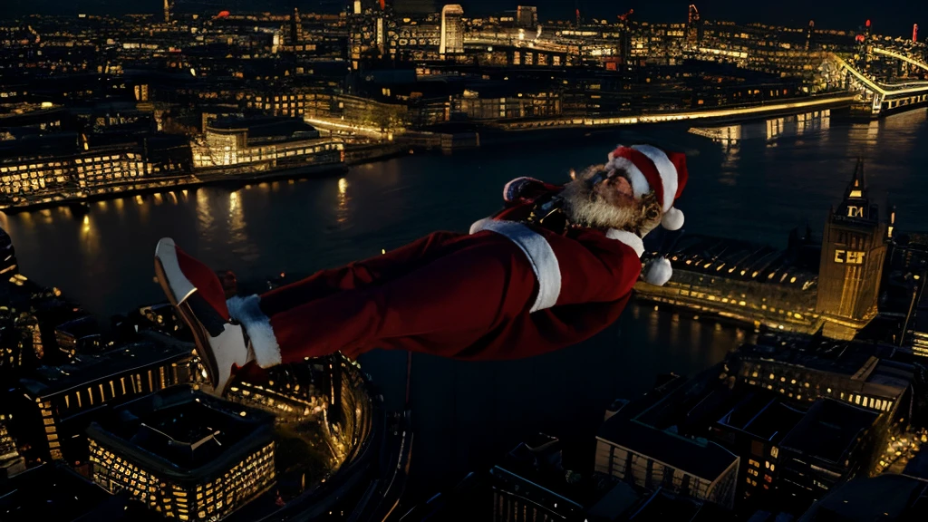 santa's sleight flying at night over London, showing Big Ben