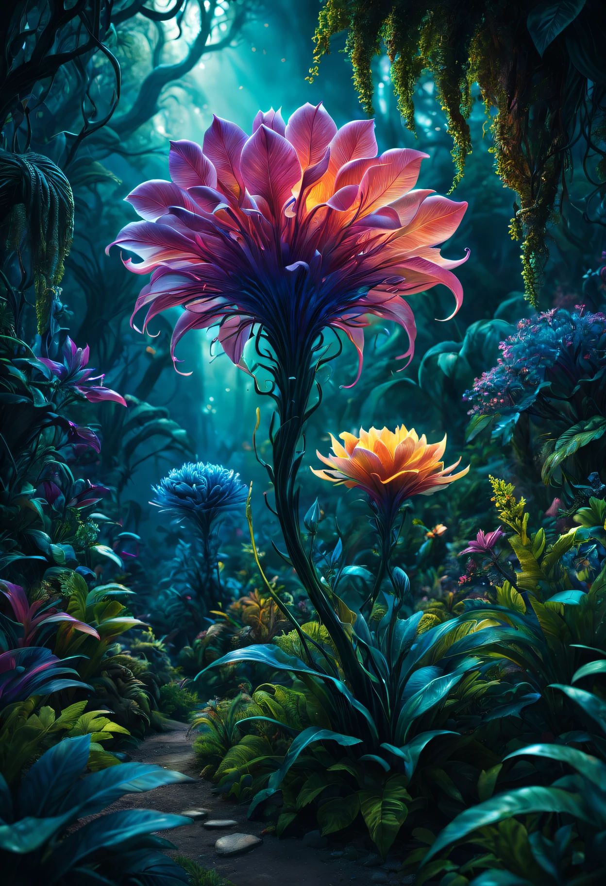 (Best quality at best,4K,8K,A high resolution,tmasterpiece:1.2),ultra - detailed,(actual,photoactual,photo-actual:1.37),bright colorful lights,vivd colour,plant dream,Magical alien plants,Ethereal atmosphere,Otherworldly,an alien landscape,Alien vegetation,alien flora,unusual plant life,exotic display,Nourished by cosmic energy,Phosphorescence,Glowing petals,Crystal leaves,bioluminescent tendrils,Surreal and energetic,rich saturation,organic shapes,Translucent flowers,Fantastic fantasy,enchanted surroundings,lush growth,rich foliage,Twisted vines,Glittering leaves,unusual texture,curved form,aromatic smell,Otherworldly美丽,Mysterious temptation,mythological nature,enchantedgarden,hidden sanctuary,peaceful tranquility,in harmony with nature.