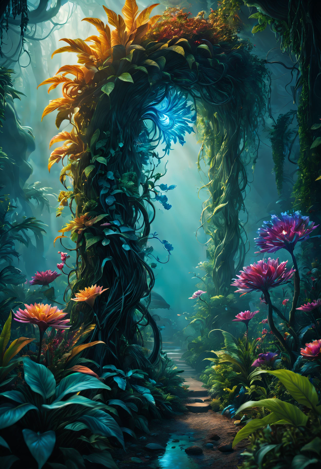 (Best quality at best,4K,8K,A high resolution,tmasterpiece:1.2),ultra - detailed,(actual,photoactual,photo-actual:1.37),bright colorful lights,vivd colour,plant dream,Magical alien plants,Ethereal atmosphere,Otherworldly,an alien landscape,Alien vegetation,alien flora,unusual plant life,exotic display,Nourished by cosmic energy,Phosphorescence,Glowing petals,Crystal leaves,bioluminescent tendrils,Surreal and energetic,rich saturation,organic shapes,Translucent flowers,Fantastic fantasy,enchanted surroundings,lush growth,rich foliage,Twisted vines,Glittering leaves,unusual texture,curved form,aromatic smell,Otherworldly美丽,Mysterious temptation,mythological nature,enchantedgarden,hidden sanctuary,peaceful tranquility,in harmony with nature.