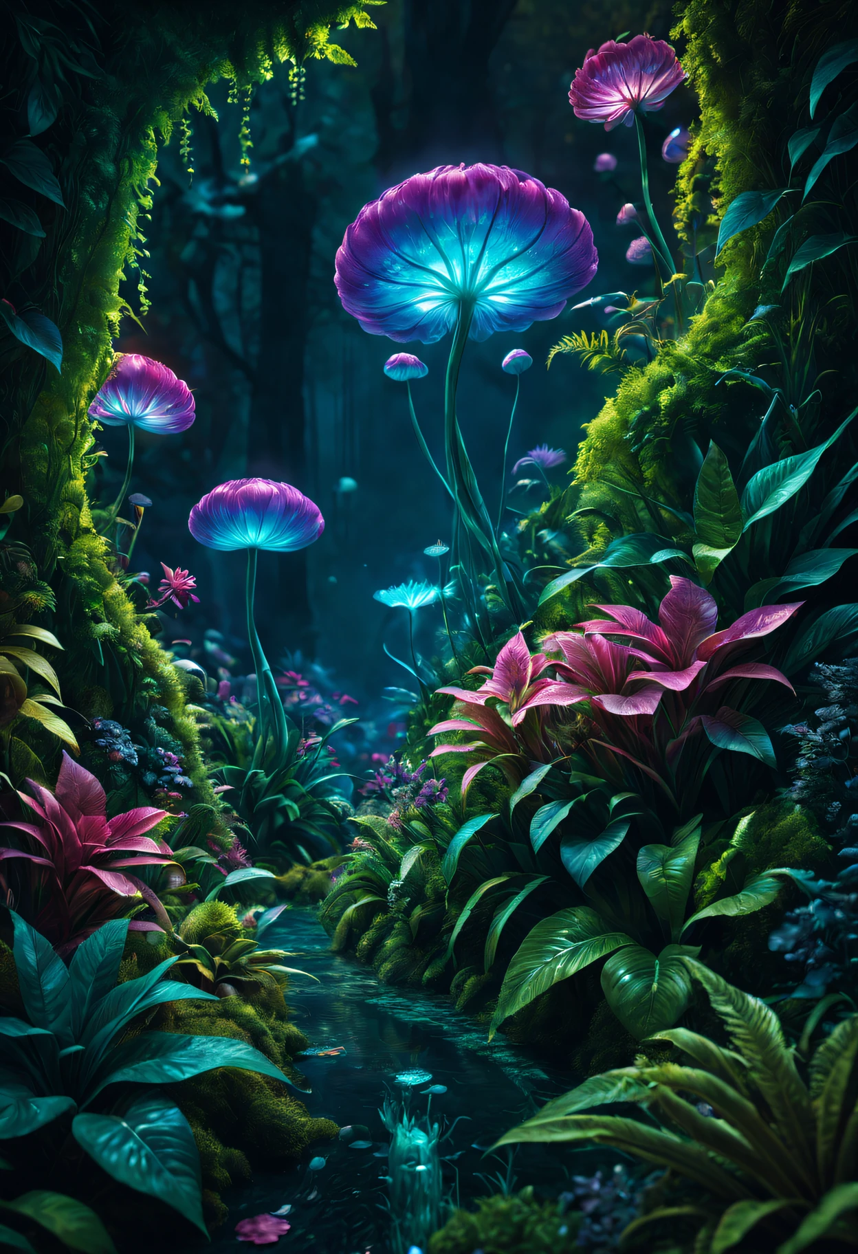 (Best quality at best,4K,8K,A high resolution,tmasterpiece:1.2),ultra - detailed,(actual,photoactual,photo-actual:1.37),bright colorful lights,vivd colour,plant dream,Magical alien plants,Ethereal atmosphere,Otherworldly,an alien landscape,Alien vegetation,alien flora,unusual plant life,exotic display,Nourished by cosmic energy,Phosphorescence,Glowing petals,Crystal leaves,bioluminescent tendrils,Surreal and energetic,rich saturation,organic shapes,Translucent flowers,Fantastic fantasy,enchanted surroundings,lush growth,rich foliage,Twisted vines,Glittering leaves,unusual texture,curved form,aromatic smell,Otherworldly美丽,Mysterious temptation,mythological nature,enchantedgarden,hidden sanctuary,peaceful tranquility,in harmony with nature.