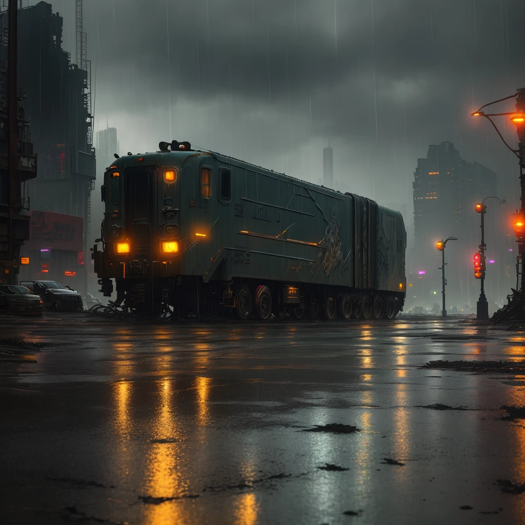 ((Best Quality)), ((Masterpiece)), (Detail: 1.4), Intricate details, Cinematic lighting, Sharp focus, Industrial zone, Ruined buildings, Cyberpunk city in the background, Night, Rain, Wet, Reflections, Trucks,