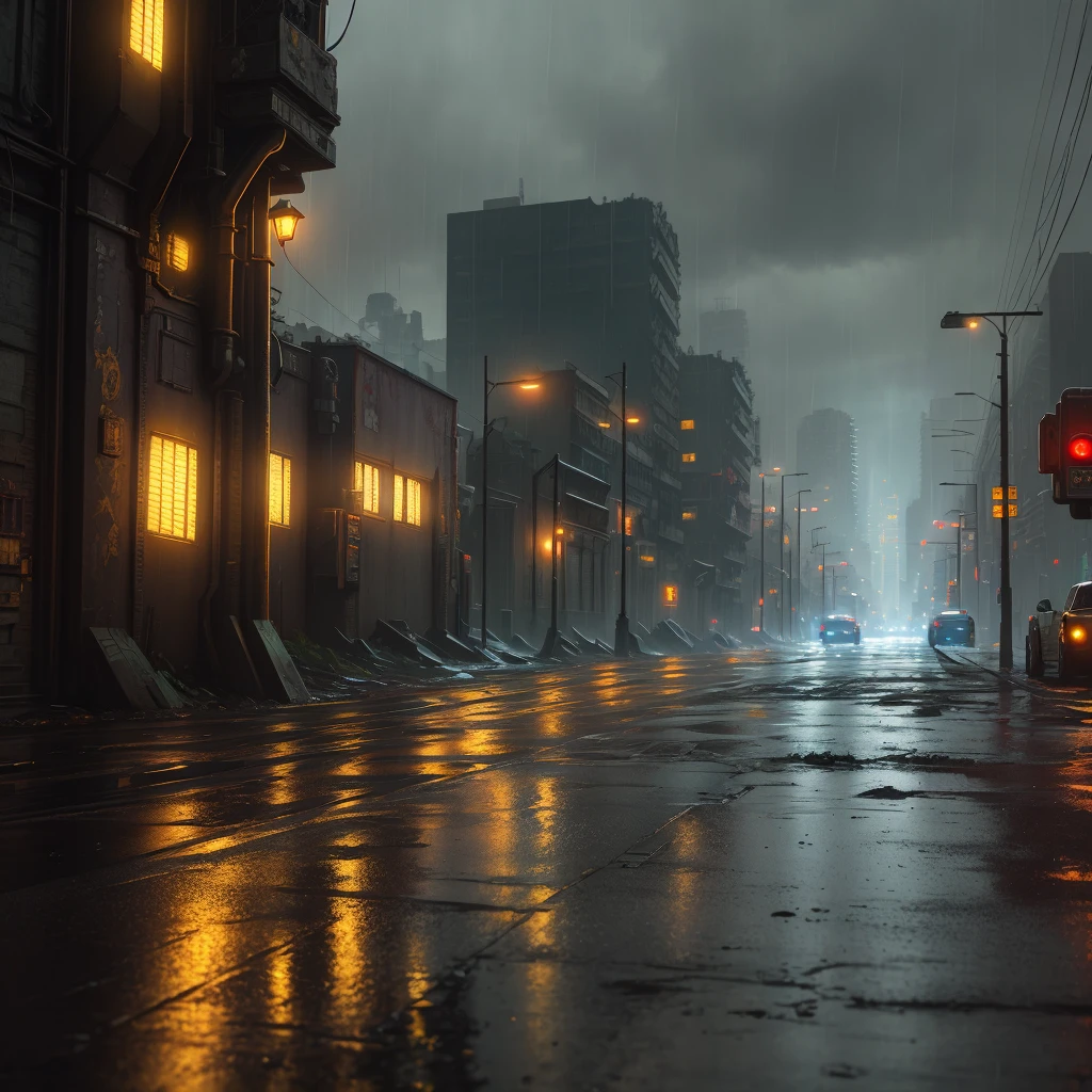 ((Best Quality)), ((Masterpiece)), (Detail: 1.4), Intricate details, Cinematic lighting, Sharp focus, Industrial zone, Ruined buildings, Cyberpunk city in the background, Night, Rain, Wet, Reflections, Trucks,