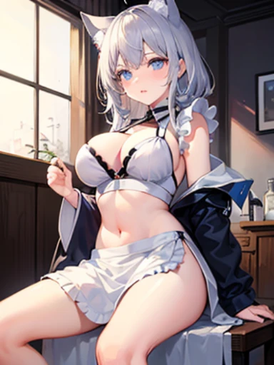 best quality, ultra precision, one girl, cute, , young, boyish, childish, big breasts, silver hair, cat ears, blue eyes, beautiful eyes,  girl, blush, apron, navel, masturbation