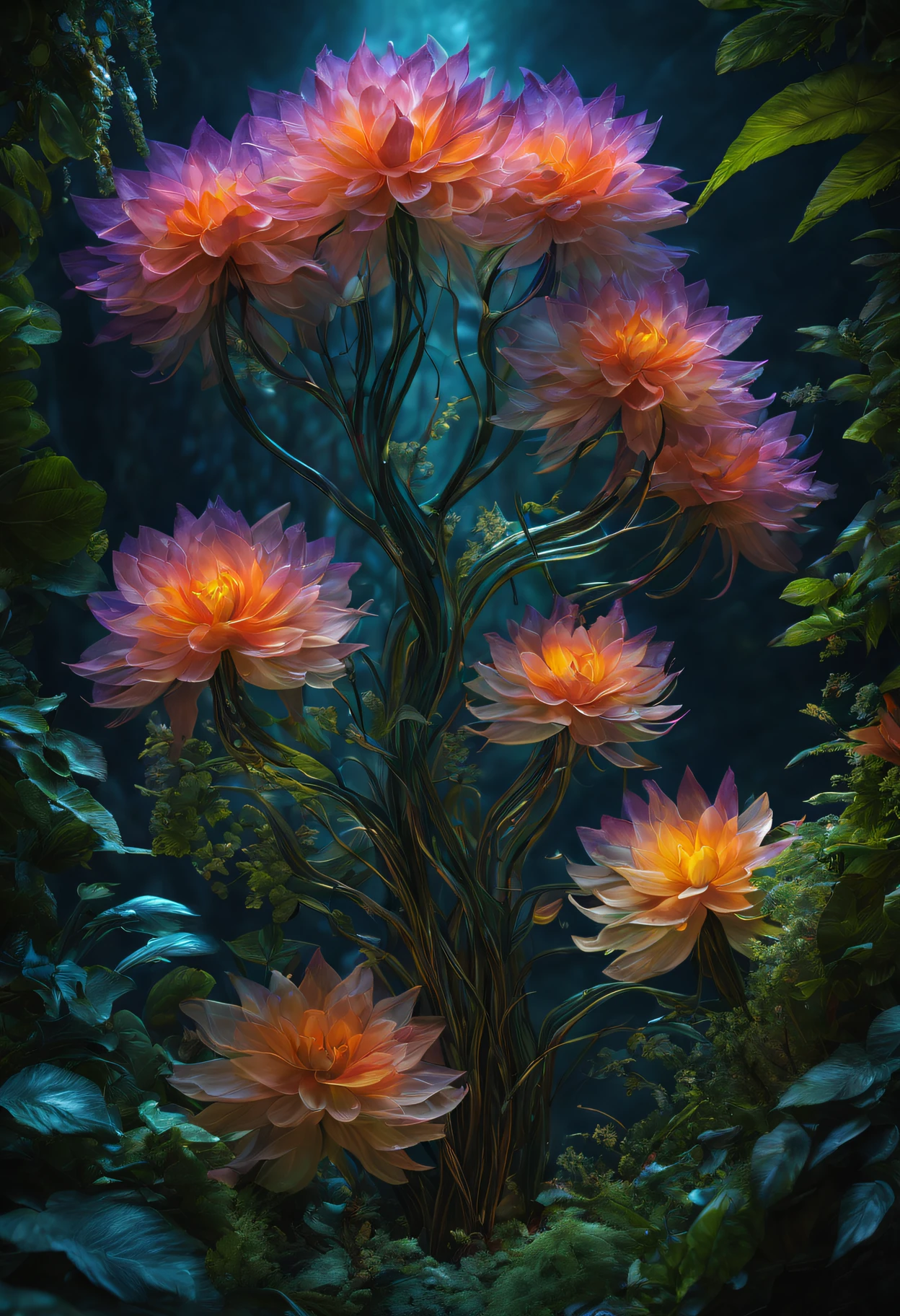 (Best quality at best,4K,8K,A high resolution,tmasterpiece:1.2),ultra - detailed,(actual,photoactual,photo-actual:1.37),bright colorful lights,vivd colour,plant dream,Magical alien plants,Ethereal atmosphere,Otherworldly,an alien landscape,Alien vegetation,alien flora,unusual plant life,exotic display,Nourished by cosmic energy,Phosphorescence,Glowing petals,Crystal leaves,bioluminescent tendrils,Surreal and energetic,rich saturation,organic shapes,Translucent flowers,Fantastic fantasy,enchanted surroundings,lush growth,rich foliage,Twisted vines,Glittering leaves,unusual texture,curved form,aromatic smell,Otherworldly美丽,Mysterious temptation,mythological nature,enchantedgarden,hidden sanctuary,peaceful tranquility,in harmony with nature.