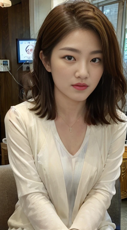 The highest image quality、The ultra-Highres、1 girl in、beautifull face、Short and delicate hair､Announcer wearing a tight long-sleeved suit、Sitting in the studio, Jennie
