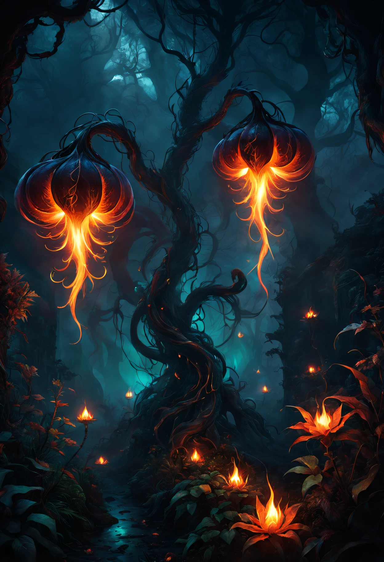 魔法flame magic外星植物,Best quality at best,A high resolution,tmasterpiece:1.2,ultra - detailed,actual:1.37,terror,flame magic,otherworldly plants,Burning flame,Glowing leaves,enchantedgarden,mysterious atmosphere,Sinister shadows,hauntingly beautiful,weird light,Intense colors,darkness aura,mysterious vine,Fiery tendrils,dancing embers,an alien landscape,ethereal flower,magic energy,surreal scenery,Shadow characters,mysterious creature,Attractive lighting,unnatural growth,Ominous existence,Haze,Flashing light,spectral glow,intense heat,Whispering Fire,Supernatural powers,Glowing sphere,mystical spells,spooky ambiance,otherworldly beauty,Spectrum Plants,beyond vision