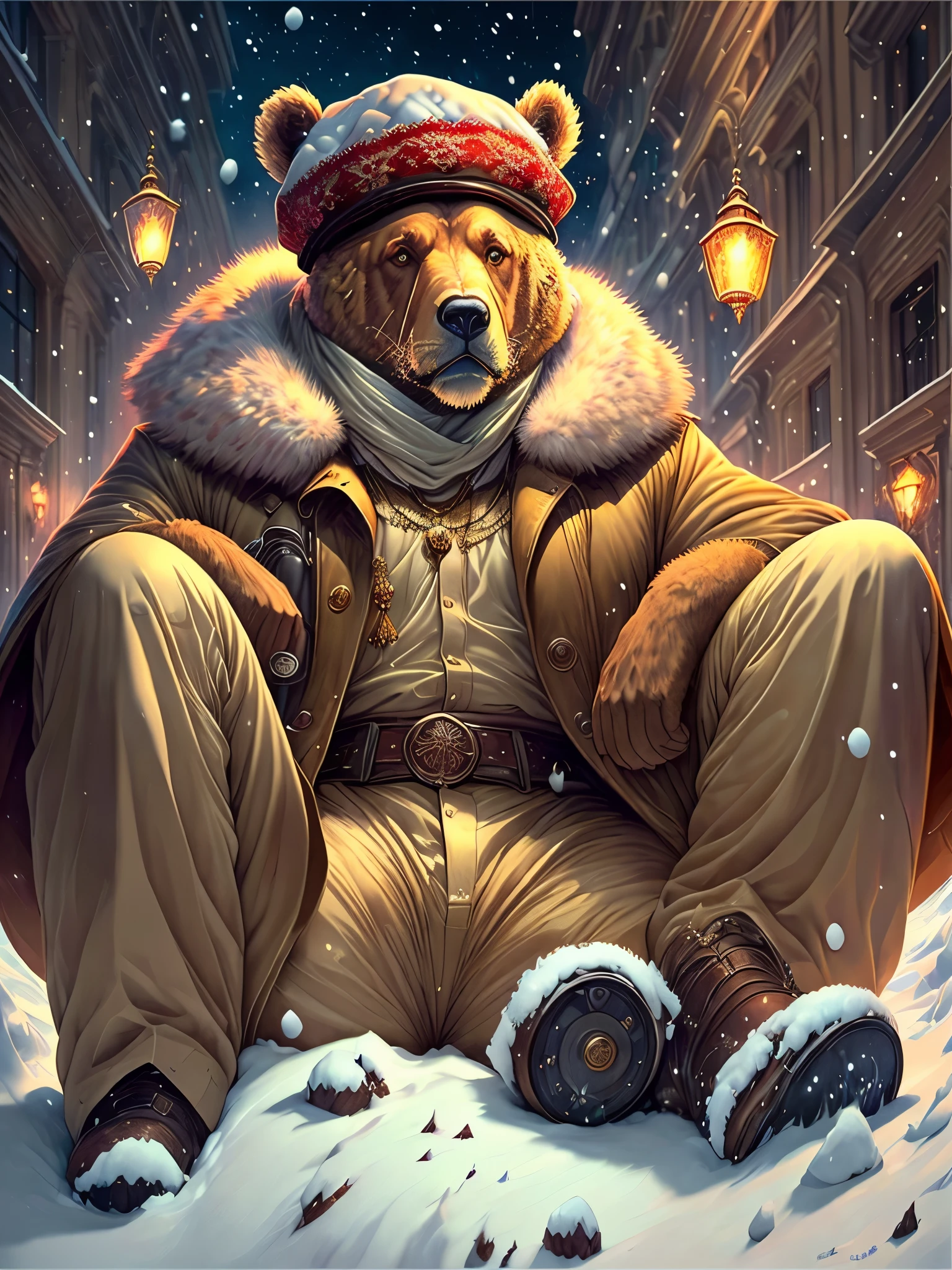 Russian man sits on a bear. hat with ear flaps. fur coat. gun. vodka. a lot of gold jewelry. winter. New Year --auto --s2