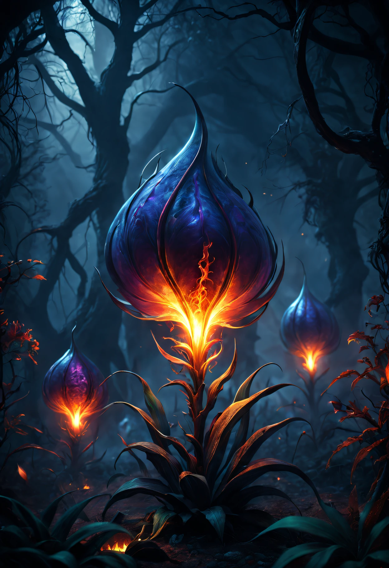 魔法flame magic外星植物,Best quality at best,A high resolution,tmasterpiece:1.2,ultra - detailed,actual:1.37,terror,flame magic,otherworldly plants,Burning flame,Glowing leaves,enchantedgarden,mysterious atmosphere,Sinister shadows,hauntingly beautiful,weird light,Intense colors,darkness aura,mysterious vine,Fiery tendrils,dancing embers,an alien landscape,ethereal flower,magic energy,surreal scenery,Shadow characters,mysterious creature,Attractive lighting,unnatural growth,Ominous existence,Haze,Flashing light,spectral glow,intense heat,Whispering Fire,Supernatural powers,Glowing sphere,mystical spells,spooky ambiance,otherworldly beauty,Spectrum Plants,beyond vision