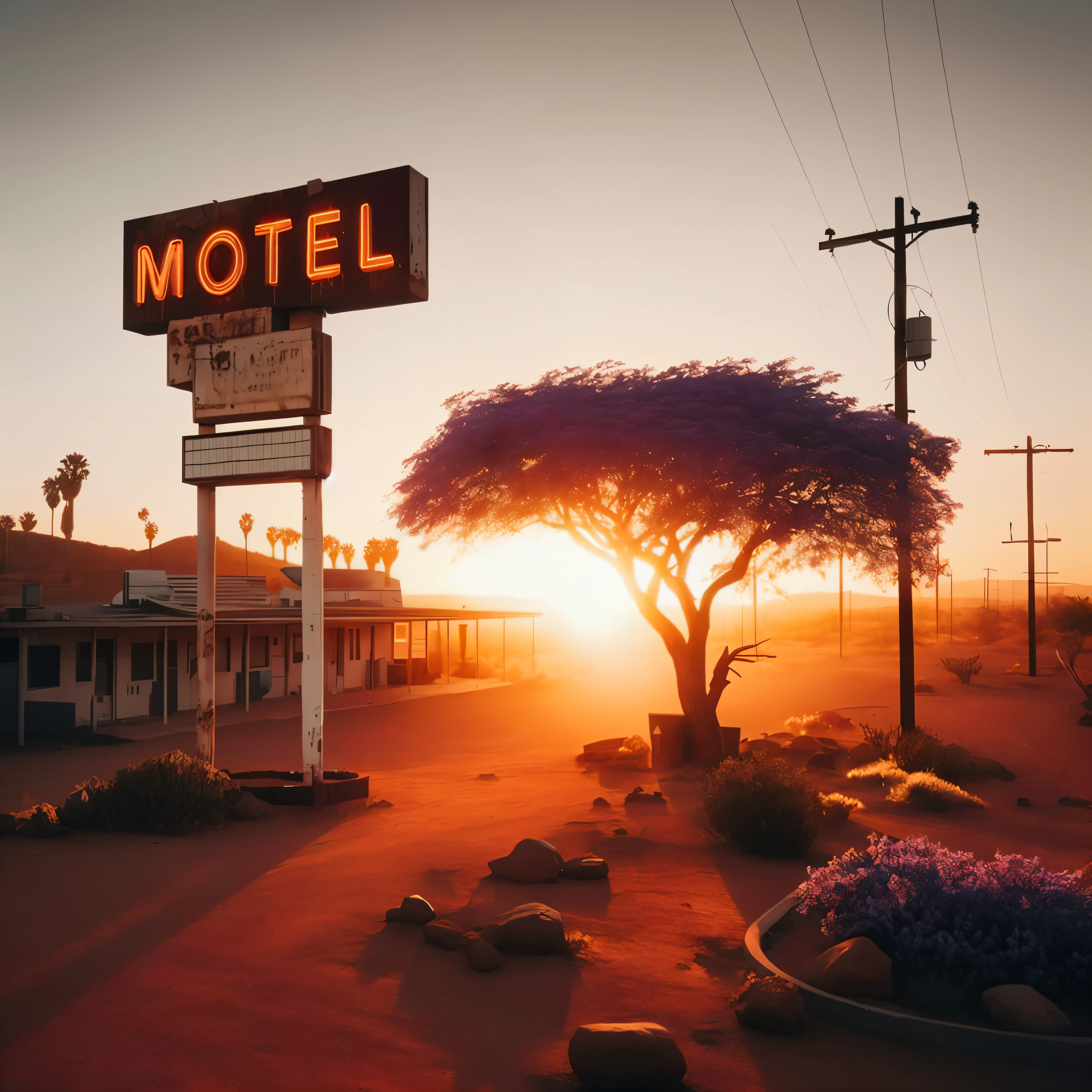 arafed motel sign in the desert with a tree in the foreground, beeple. hyperrealism, by Filip Hodas, in the art style of filip hodas, realism | beeple, by Mike Winkelmann, artem demura beeple, inspired by Filip Hodas, beeple and tim hildebrandt