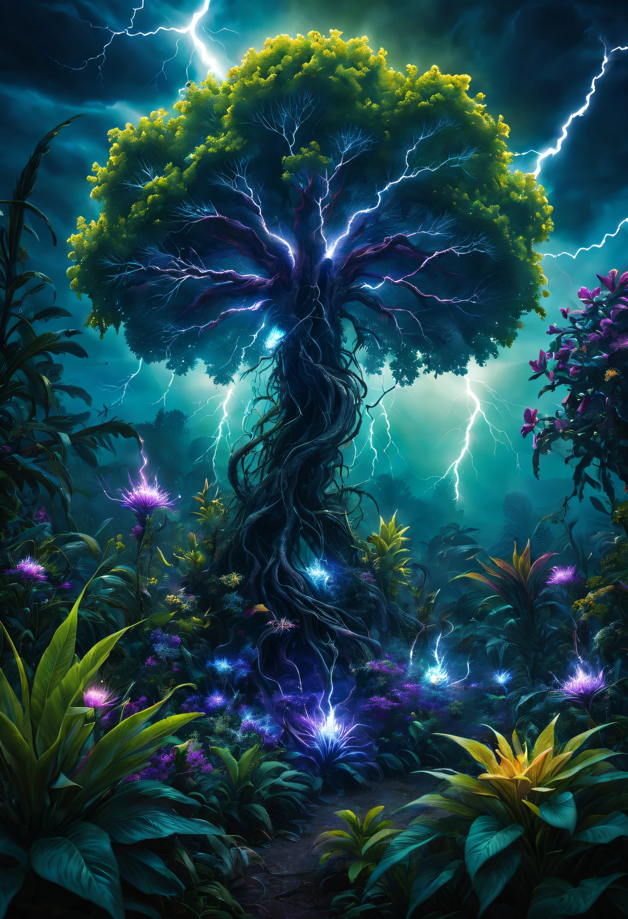 (Best quality at best,4K,8K,A high resolution,tmasterpiece:1.2),ultra - detailed,(actual,photoactual,photo-actual:1.37),magic lightning magic alien plant,Glowing mysterious flora,A feast of luminous plant wonders,Alien creature that breathes lightning,Sparkling alien flower,Unique and dynamic hybrid,A fascinating combination of bioluminescence and electricity,Fantastic vegetation,Have an exciting aura,Strange plant life pulsing with energy,Otherworldly shrubs and bushes,Lightning crackles,The flowing leaves are intertwined with lightning,Celestial flora sparkles with magic,An enchanting garden filled with electrified flowers,Eerie and vibrant alien garden. middling: number art, extra detail: Cosmic energy swirling in the background, Ethereal mist around plants, Intricate patterns formed by lightning, Bright colors blend harmoniously together, Surreal and fantastic atmosphere, a supernatural light illuminates the scene, Supernatural beings observing miraculous sights. art-style: fanciful, ultra-realistic realism, Color Palette: Vibrant blue shades, The purple, and green, With a hint of exciting yellow and white, lamplight: Soft and diffuse, Lightning illuminates the scene with a mesmerizing glow.