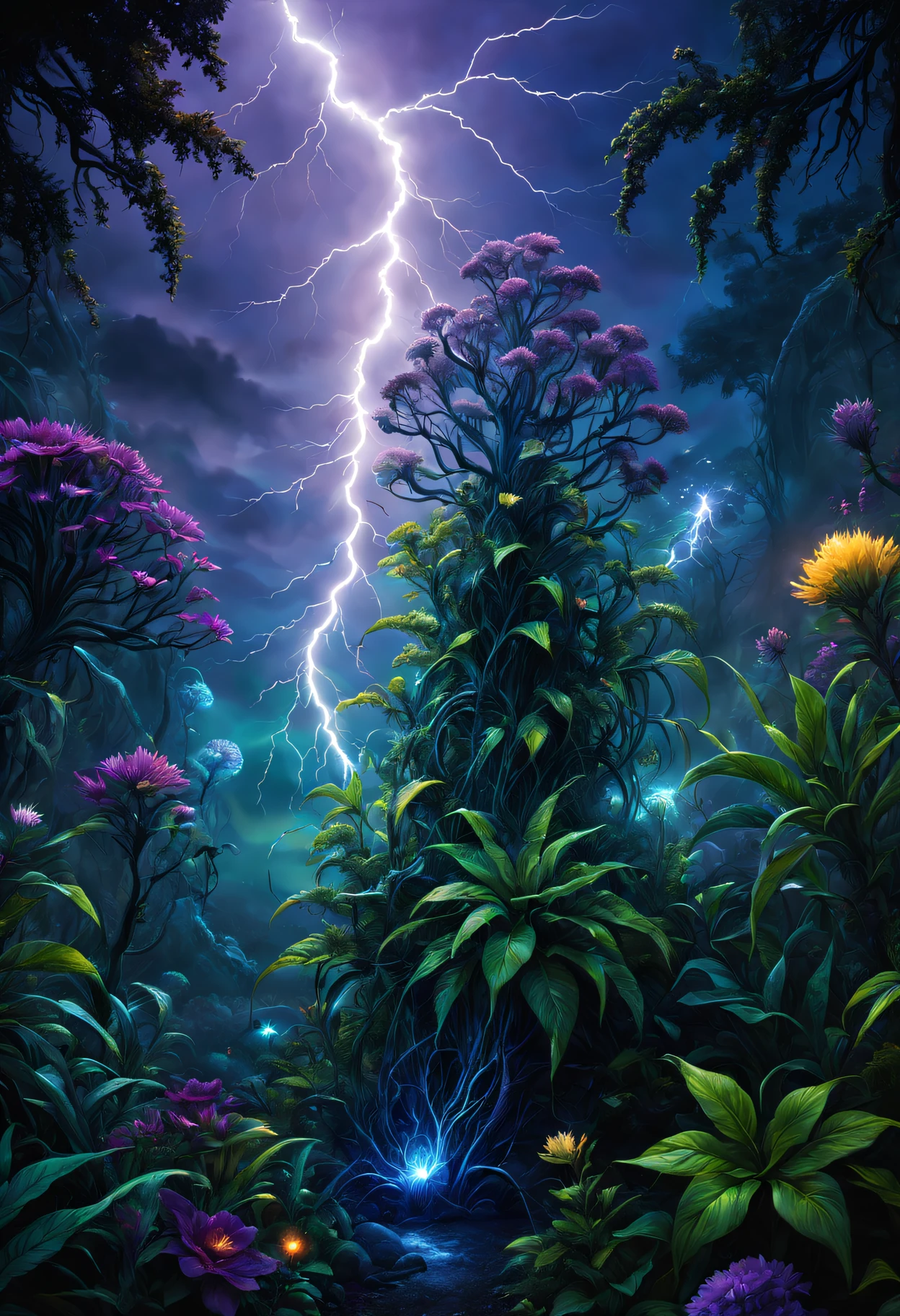 (Best quality at best,4K,8K,A high resolution,tmasterpiece:1.2),ultra - detailed,(actual,photoactual,photo-actual:1.37),magic lightning magic alien plant,Glowing mysterious flora,A feast of luminous plant wonders,Alien creature that breathes lightning,Sparkling alien flower,Unique and dynamic hybrid,A fascinating combination of bioluminescence and electricity,Fantastic vegetation,Have an exciting aura,Strange plant life pulsing with energy,Otherworldly shrubs and bushes,Lightning crackles,The flowing leaves are intertwined with lightning,Celestial flora sparkles with magic,An enchanting garden filled with electrified flowers,Eerie and vibrant alien garden. middling: number art, extra detail: Cosmic energy swirling in the background, Ethereal mist around plants, Intricate patterns formed by lightning, Bright colors blend harmoniously together, Surreal and fantastic atmosphere, a supernatural light illuminates the scene, Supernatural beings observing miraculous sights. art-style: fanciful, ultra-realistic realism, Color Palette: Vibrant blue shades, The purple, and green, With a hint of exciting yellow and white, lamplight: Soft and diffuse, Lightning illuminates the scene with a mesmerizing glow.
