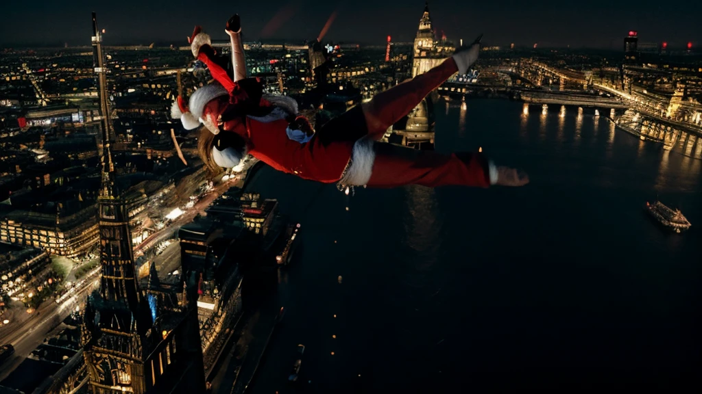 santa's sleight flying at night over London, showing Big Ben