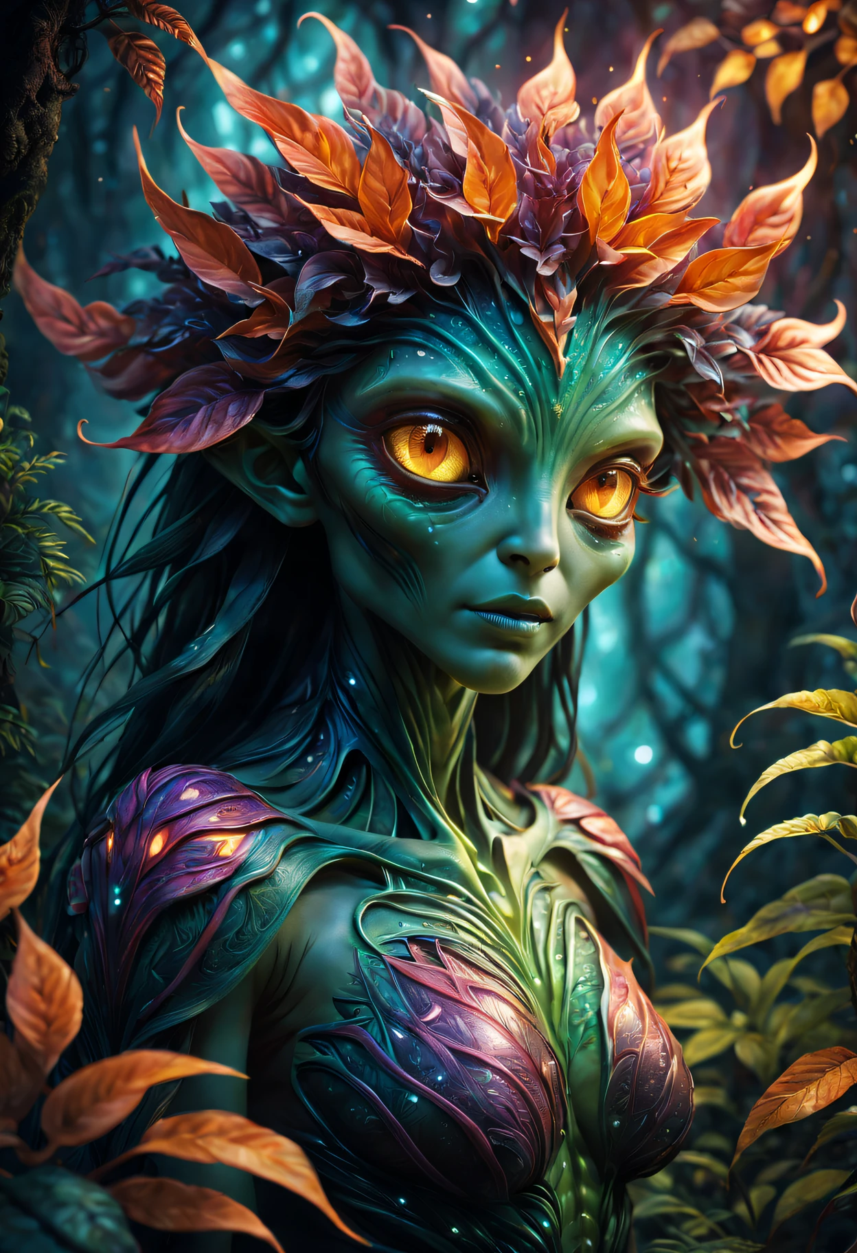 (((8k RAW photo, hyper realistic, masterpiece, best quality, crisp detail, high definition, high detail, very rich detail, sharp focus, sharp detail, colorful, rich color, cinematic, perfect studio lightning, full body photograph, mystic atmosphere, shot from front))), ((fully naked young colorful forest goddess, fully nude, plant body, ideal body shape, evil smile)), (temptating pose, temptating viewer, spreading legs, showing pussy to viewer, big breast, (showing (pussy, vagina, genital, nipples))), ((green hair)) , ((plant wings, tail)), ((very long sharp claws)), (poisoning everything) (hundreds of ( skull, bone) on land), creating (colorful poisonous mushrooms, carnivorous plants and flowers), (heavy rain), (poison spore, carnivorous plants and roots)