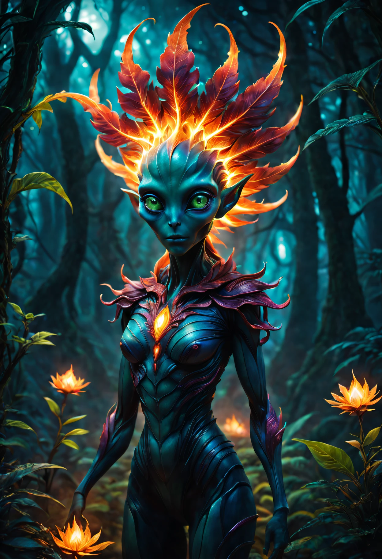 (Best quality at best,4K,A high resolution,tmasterpiece:1.2),ultra - detailed,actual,sportrait,extraterrestial,Fire magic plant,incredible eyes,Fantasy creatures,glowing color,glowing plants,extraterrestial,flaming leaves,surreal scenery,spooky ambiance,otherworldly beauty,etherealglow,unique species,Avatar,mysterious entity,dreamlike scenes,wonderful species,an enchanted forest,otherworldly presence,a captivating gaze,unconventional look,Radiant energy,Powerful aura,Magic Essence,universe exists,Different dimension,mythical plant,Unexplained phenomena,Colorful flowers,Unleash your power,Darkness and light,Hidden secrets,Unravel the mystery,The secrets of the universe,living tmasterpiece,manifestation of magic.