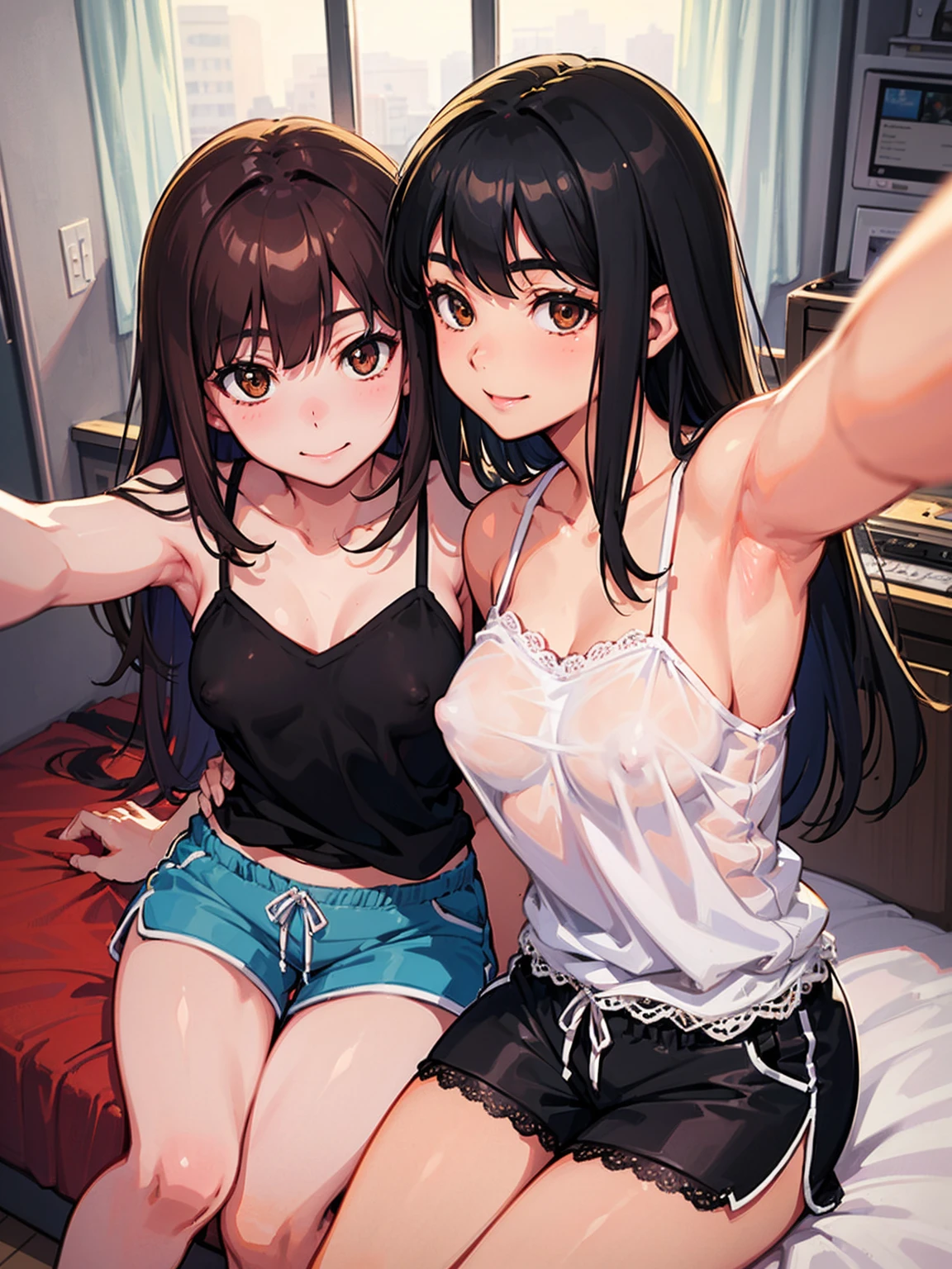 realistic, 2girls, ((selfie)), brown eyes, body close together, looking up, mouth wide open, smiling, face extra large zoom, sitting on bed, sexy, (bare shoulders), (covered nipples), (camisole), (lace-trimmed), (shorts), (dolphin shorts), (small breasts)