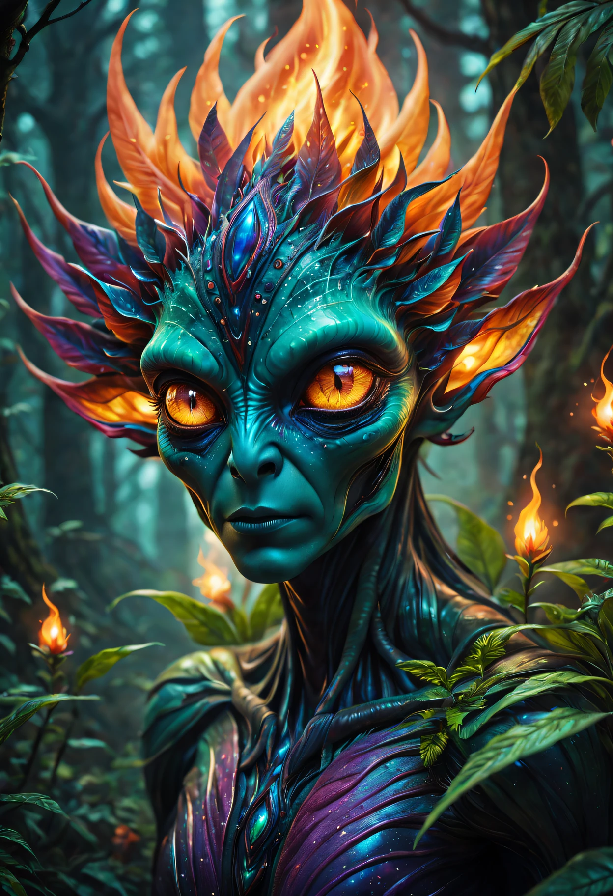 (Best quality at best,4K,A high resolution,tmasterpiece:1.2),ultra - detailed,actual,sportrait,extraterrestial,Fire magic plant,incredible eyes,Fantasy creatures,glowing color,glowing plants,extraterrestial,flaming leaves,surreal scenery,spooky ambiance,otherworldly beauty,etherealglow,unique species,Avatar,mysterious entity,dreamlike scenes,wonderful species,an enchanted forest,otherworldly presence,a captivating gaze,unconventional look,Radiant energy,Powerful aura,Magic Essence,universe exists,Different dimension,mythical plant,Unexplained phenomena,Colorful flowers,Unleash your power,Darkness and light,Hidden secrets,Unravel the mystery,The secrets of the universe,living tmasterpiece,manifestation of magic.