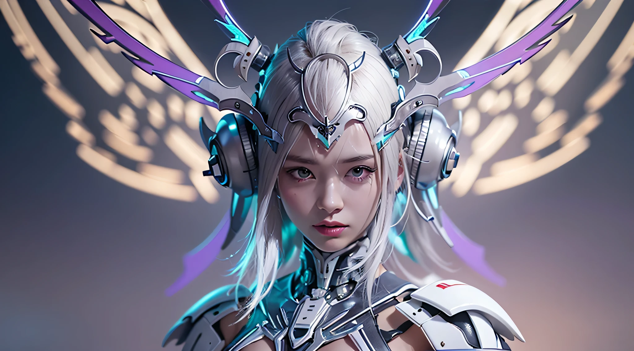 top-quality、​masterpiece、超A high resolution、(Photorealsitic:1.4)、Raw photo、Cyborg Angel、large wings made of metal、White porcelain body、white  hair、glowy skin、1 Cyborg Girl、((super realistic details))、portlate、globalillumination、Shadow、octan render、8K、ultrasharp、character edge light,Colossal tits、Raw skin is exposed in cleavage、Details of complex ornaments、Detailed hydraulic cylinders from Sumer、Small LED lamp、highly intricate detail、Realistic light、a purple eye、radiant eyes、Facing the camera、neon details、cowboy  shot、Futuristic headgear、About Cyberpunk、、
