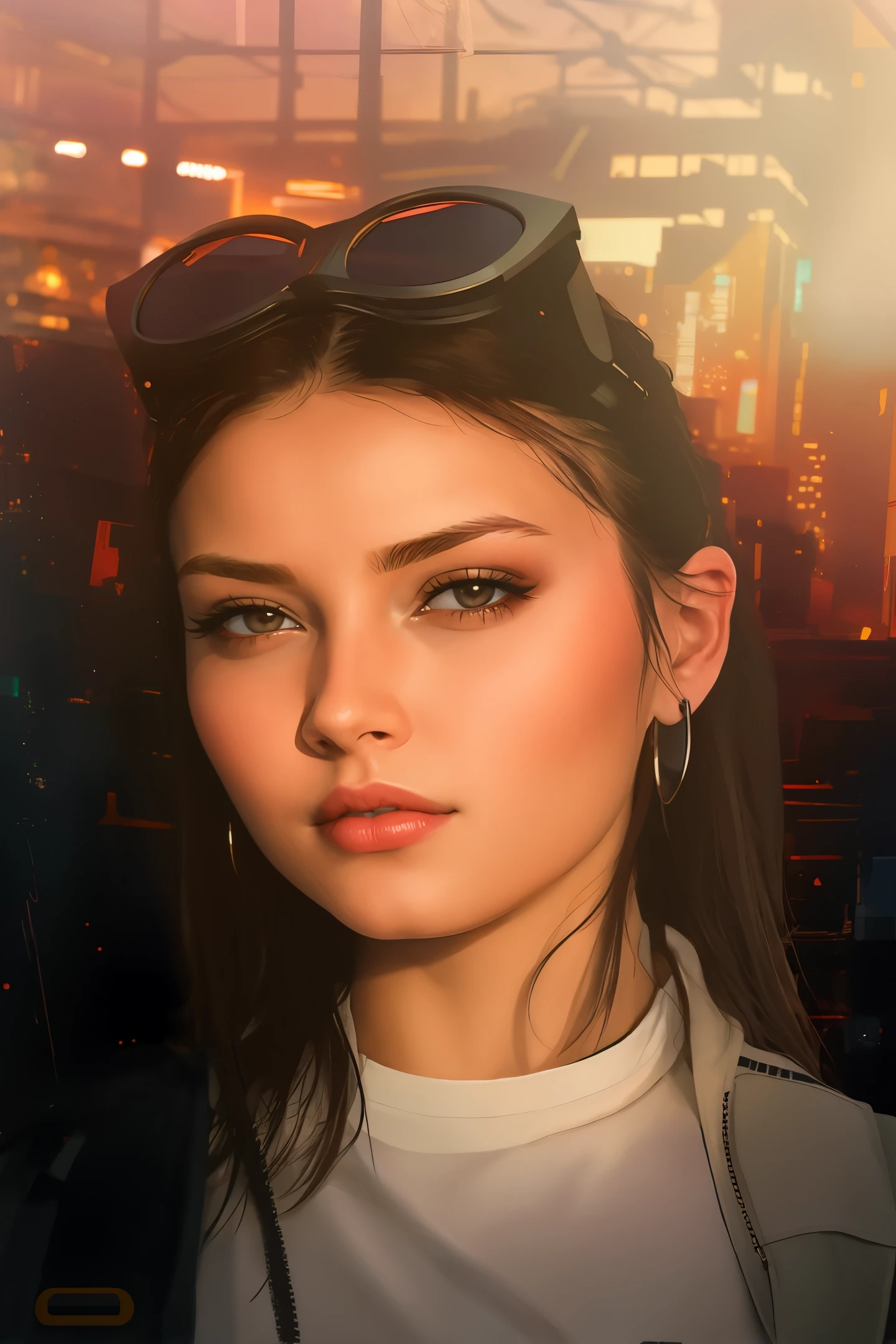 There is a woman with sunglasses on her head and a white shirt, Realistischer Kunststil, photoRealistischer Kunststil, realistic Digitale Malerei, The Cyberpunk Girl Portrait, glatt. Digitale Malerei, Realismus Kunststil, # 1 Digitale Malerei of all time, #1 Digitale Malerei of all time, Niedrig detailliert. Digitale Malerei, photorealistic Digitale Malerei, Realistische digitale Kunst 4 K