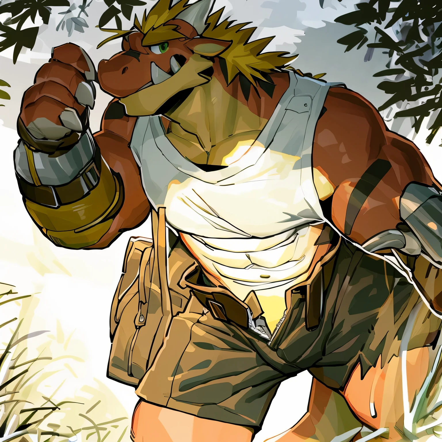 delga, solo, anthro, male, clothing, muscular, muscular male, muscular anthro, abs, hi res, pecs, sweat, shirt, horn, topwear, clothed, scalie, bottomwear, pants, underwear, blonde hair, biceps, green eyes, open bottomwear, open pants, looking at viewer, bulge, by canyne khai,by milkytiger1145,by takemoto arashi,by null-ghos , tpeel coconut, hands