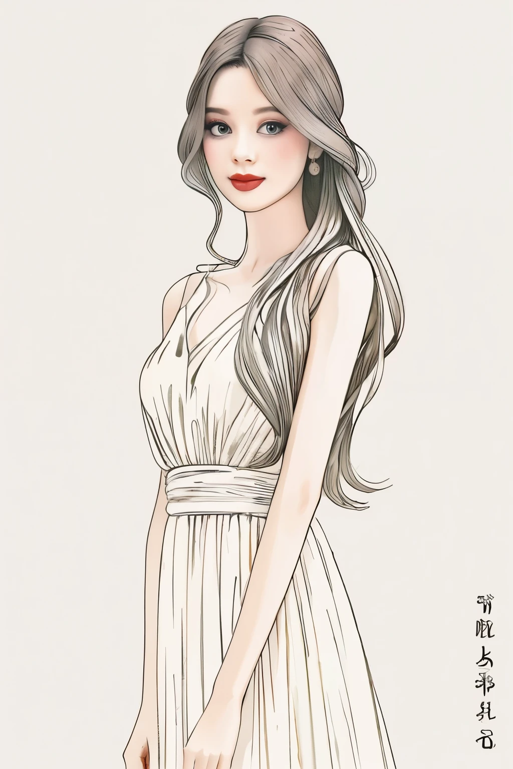 a cartoon 2d woman in a dress with long hair, beautiful black hair style, beautiful line art, black hair, color full