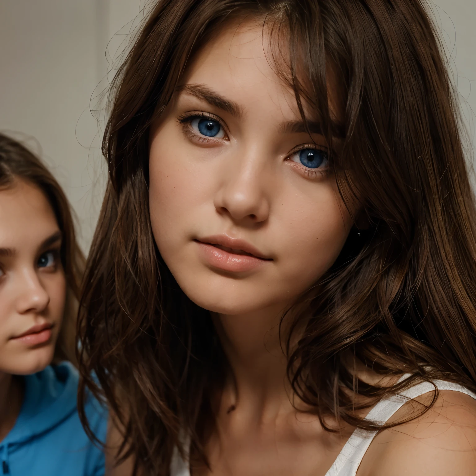 Dark brown haired girl with brown eyes having dominance over blonde haired girl with blue eyes