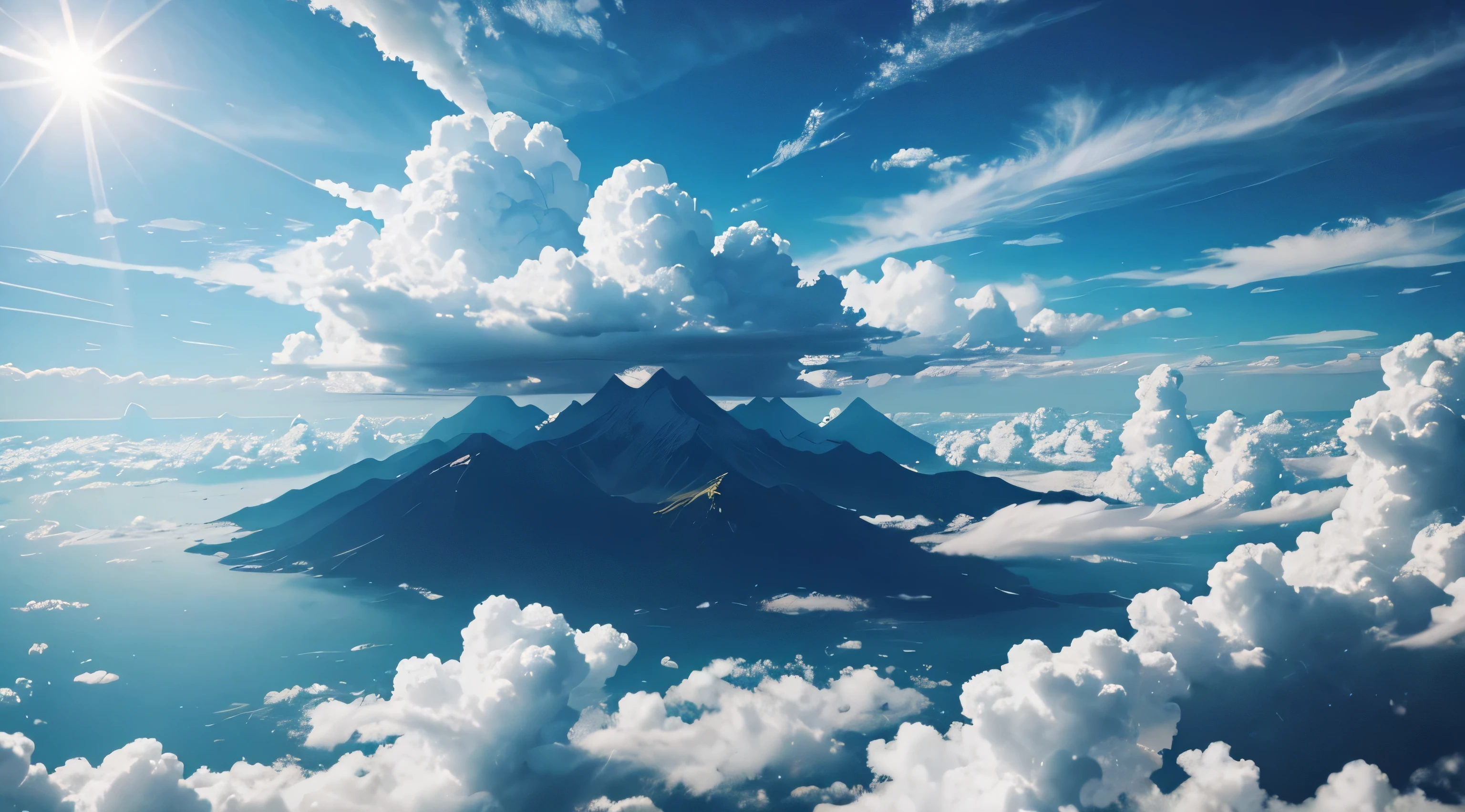 Beautiful sky、holy light above the clouds、high-level image quality、high-detail、