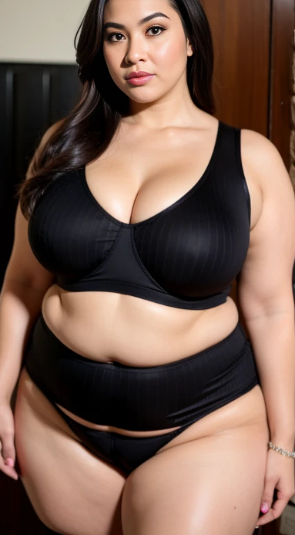 beautiful sexy Indonesian fat woman, middle aged 45 years old, wearing a sports bra, sexy big breasts, plump big breasts, wearing tight striped leggings, ultra details, face details, body details, background details