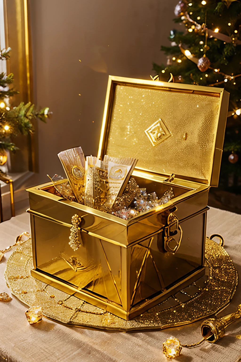 There is a golden box on the golden table，Behind the box are hazy crystal decorations and golden vessel decorations