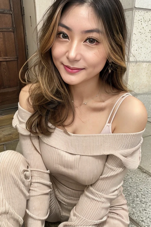 日本人A MILF, (Solo), 50 years old, (Wrinkles at the corners of the eyes:1.5), Large breasts, A MILF, glamor, A sexy, Chromo-white skin, Wavy Longhair, Looking at Viewer、Super large udder、Wearing a red knit off-shoulder dress、Tight fit knit dress Cheuchimuchi、Black pantyhose、high-heels、ssmile、Public places、