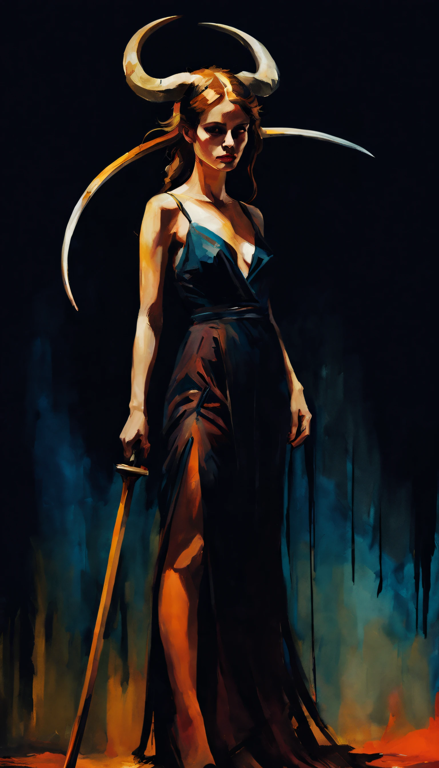 a girl with horns and a scythe in a designer dress, dark theme, paint drawing. The dark-themed image, which seems to be a mesmerizing picture, demonstrates the striking presence of a girl against a background of shadows and intrigue. A mysterious narrative of minimalism in color and details in the style of Fauvism and impressionism. streaks of paint and streaks of watercolor, unfinished paint. The combat scythe in your hand looks very dangerous, the girl is a killer