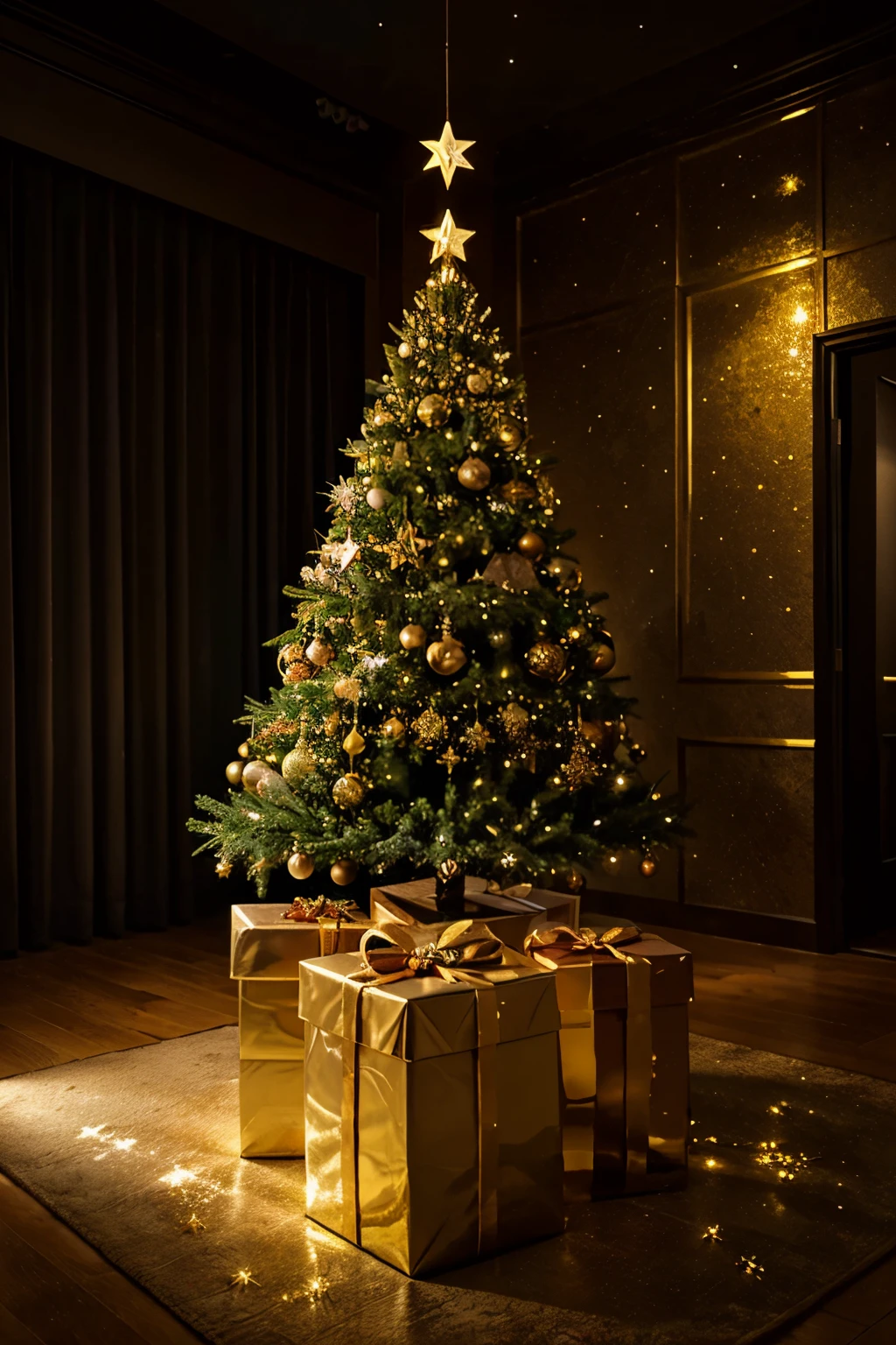 There is a Christmas tree under the starry sky,Surrounded by golden gift boxes,Dark around, bright in the middle,Hyper Real
