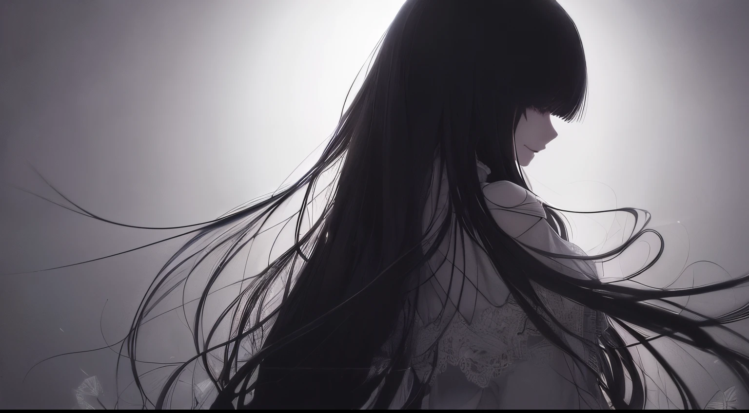(a very delicate and beautiful)、(Maniacal)、silhuette、laugh face、The human、Black、Offensive photo、独奏、(silhuette)、(shadowy)、(With movement)、dark backgrounds、Black figure、(silhuette)、skinny body、The long-haired、single body、1 persons、