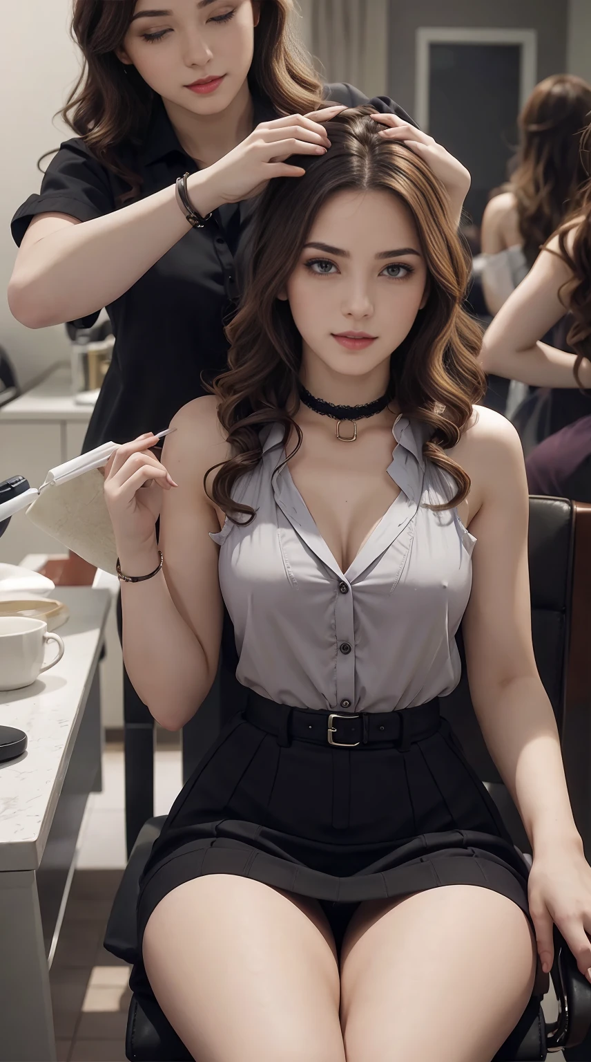 19-year-old woman、Hair color is a gradation of brunette and purple、Eye color is blue、Longhaire、hair is wavy、setting the hairstyle、wearing eye shadow and lipstick、accessories on wrist、Slender but well-proportioned muscular body、a smile、wearing a blouse、huge tit、wearing a pleated skirt、wearing a lace choker、She is sitting on a chair in front of the dressing table, having her hair done and makeup done by a stylist.