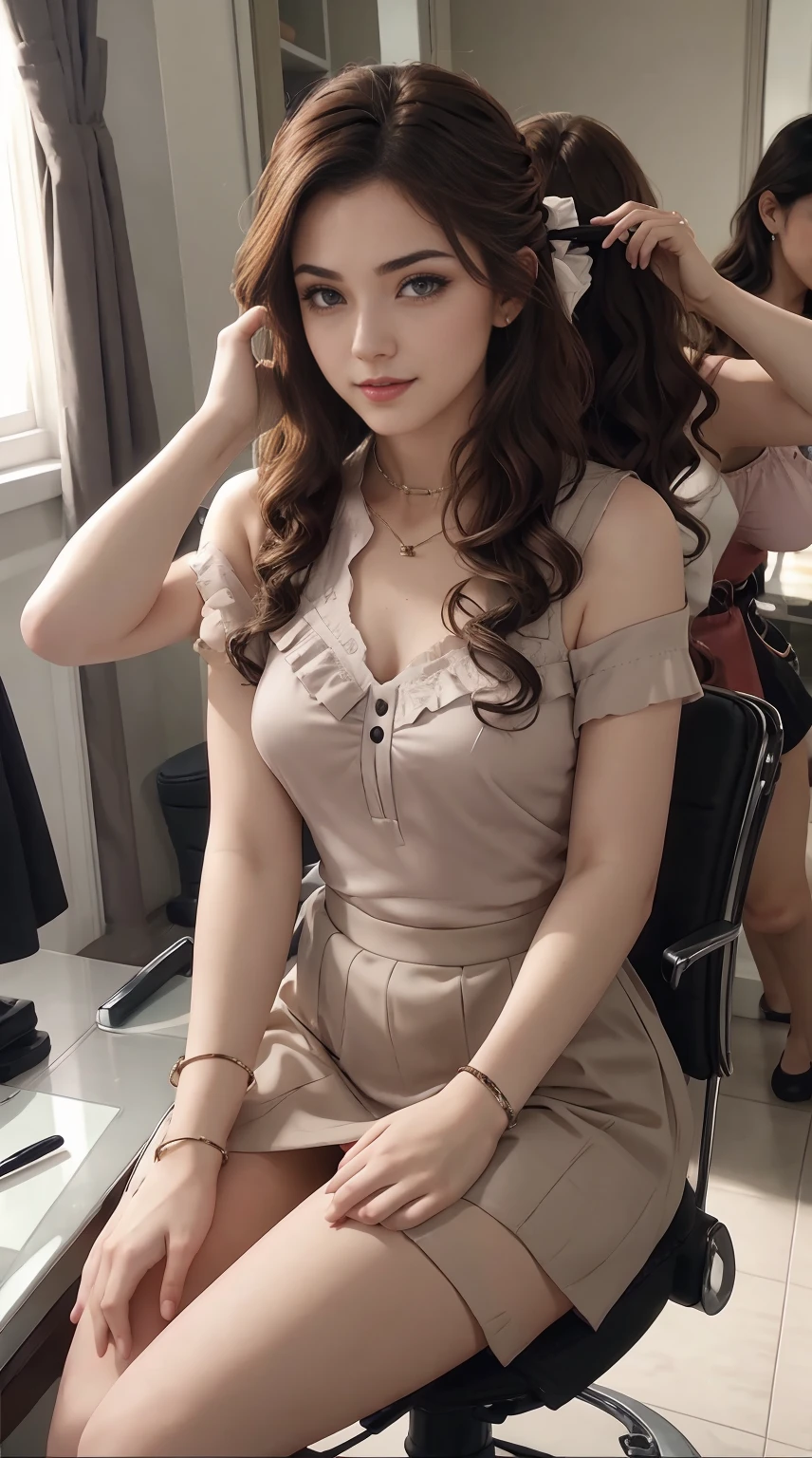 19-year-old woman、Hair color is a gradation of brunette and purple、Eye color is blue、Longhaire、hair is wavy、setting the hairstyle、wearing eye shadow and lipstick、accessories on wrist、Slender but well-proportioned muscular body、a smile、wearing a blouse、huge tit、wearing a pleated skirt、wearing a lace choker、She is sitting on a chair in front of the dressing table, having her hair done and makeup done by a stylist.