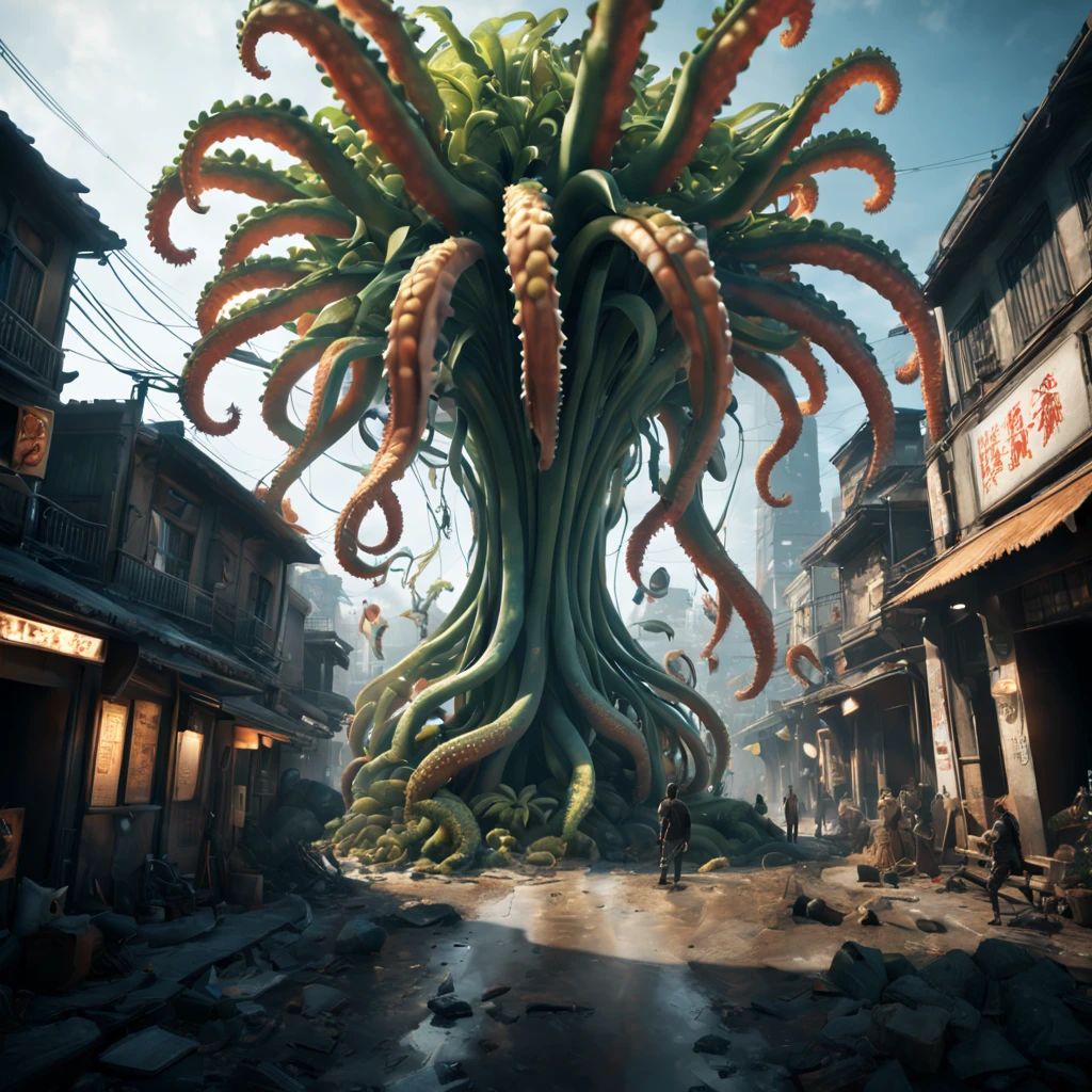 Best quality at best，tmasterpiece，超高分辨率，Super huge magical plant，Tentacles waving on the streets of Loken City，The ground is covered with gravel，Broken billboards，Small human beings，Surreal sci-fi scene from bottom perspective，light and shadow effect，Depth of field effect，Light particle tracing，CG，Horror movie lighting effects，Volumetriclighting，Unreal 5，Cinema 4D，vivd colour，8K