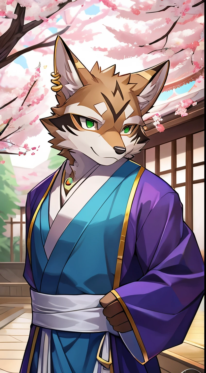 Seto (Tokyo After-School Summoners), Seto(Wandering Longing), Seth (it), Seto, Kazuma Koda, coyote, gold necklace, Gold jewelry, Ear piercing, Green Eye, Grey Body, white body, Brown Body, stripes, stripes body, High Quality, 8K, High image quality, NSFW Works, pixiv, shadowy, A composition where the whole body is visible, The right ratio, skiny, Sexy, Sexy muscles, Traditional Japanese Costumes, Wear a colorful yukata, cherry blossoms flutter, The wind blows