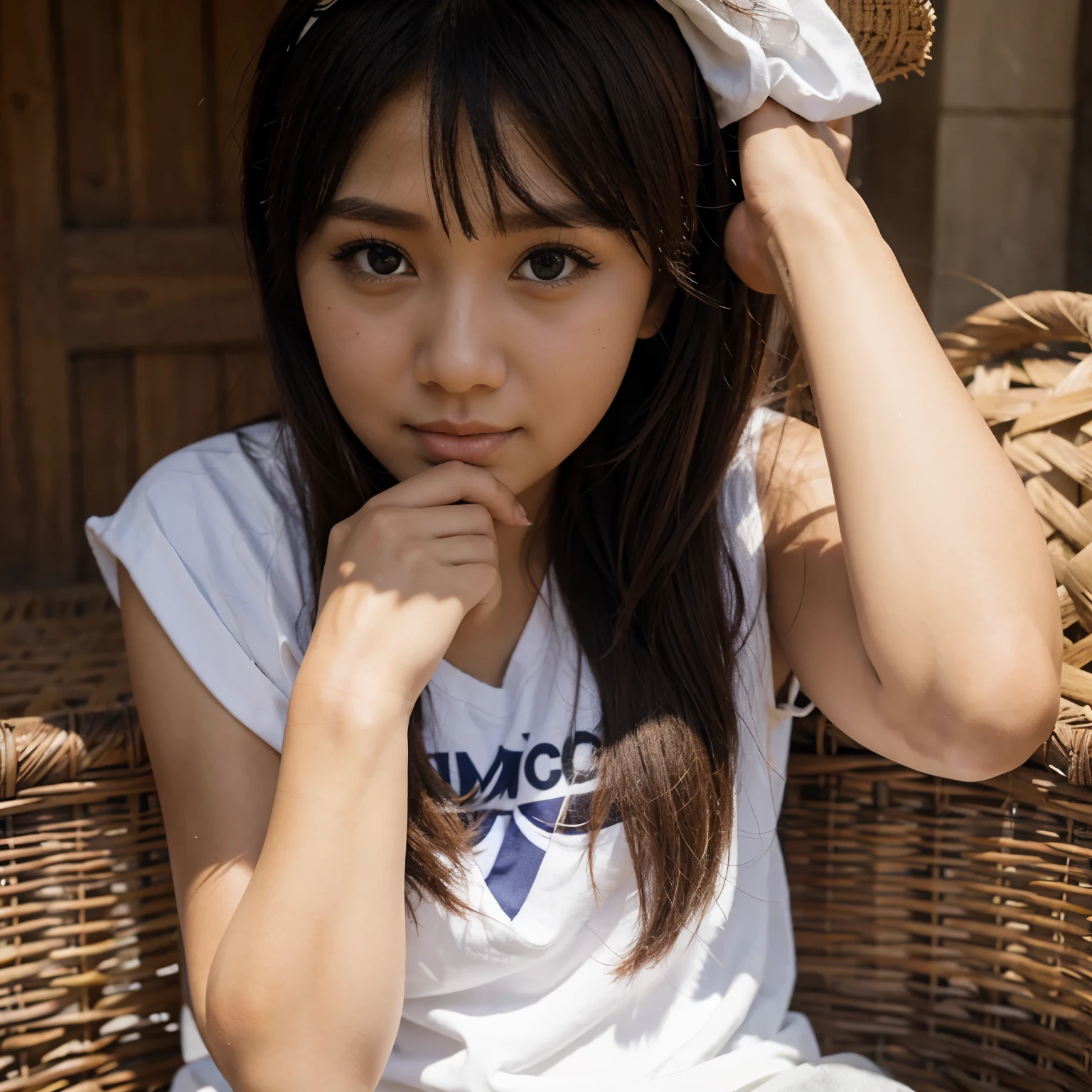 The female character has long black hair, bangs, wears white clothes, has a cute face, wears an orange hat 