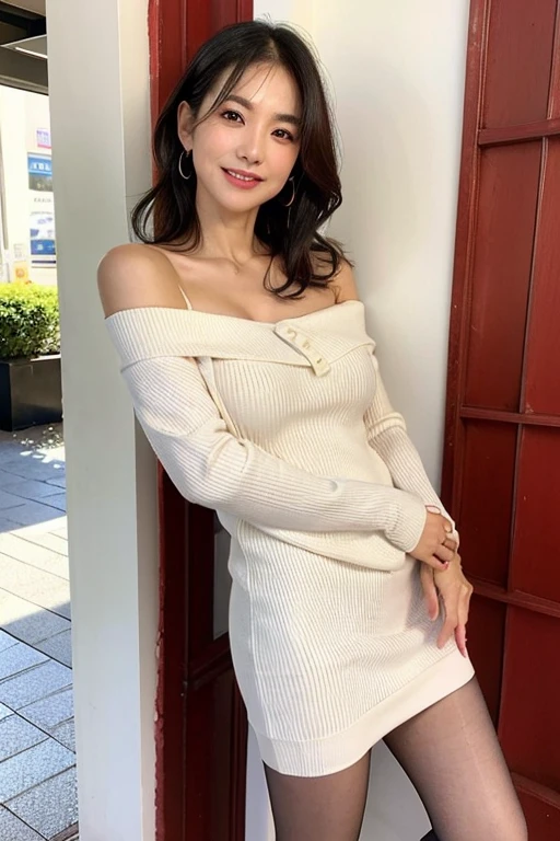 日本人A MILF, (Solo), 50 years old, (Wrinkles at the corners of the eyes:1.5), Large breasts, A MILF, glamor, A sexy, Chromo-white skin, Wavy Longhair, Looking at Viewer、Super large udder、Wearing a red knit off-shoulder dress、Tight fit knit dress Cheuchimuchi、Black pantyhose、high-heels、ssmile、Public places、