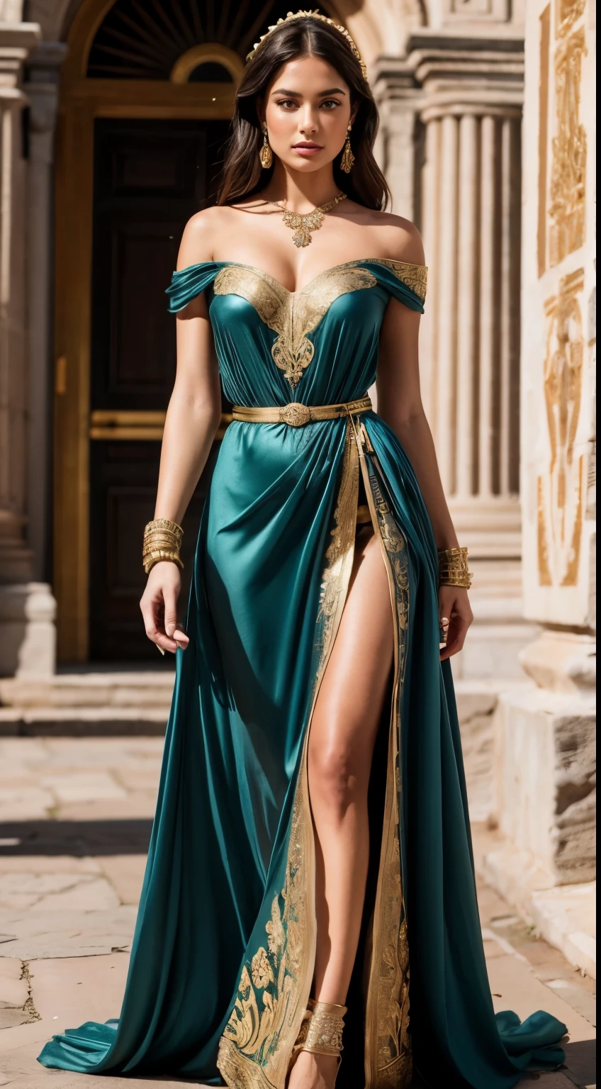 best quality, best detail, 4K, 8K, The Ancient Rome inspired dress is a testament to opulence and grace, featuring a floor-length silhouette with a draped, flowing fabric reminiscent of traditional Roman attire. The bodice boasts intricate golden embroidery, drawing inspiration from Roman architecture and motifs, adorning the neckline and cascading down to the waistline. The dress incorporates rich, earthy hues such as deep crimson, olive green, or royal blue, paying homage to the colors favored during that era. The skirt falls in graceful pleats, echoing the elegance of Roman fashion, while subtle accents of metallic detailing replicate the ornate jewelry prevalent in ancient times. This attire evokes a sense of regality and sophistication, blending historical grandeur with modern allure.