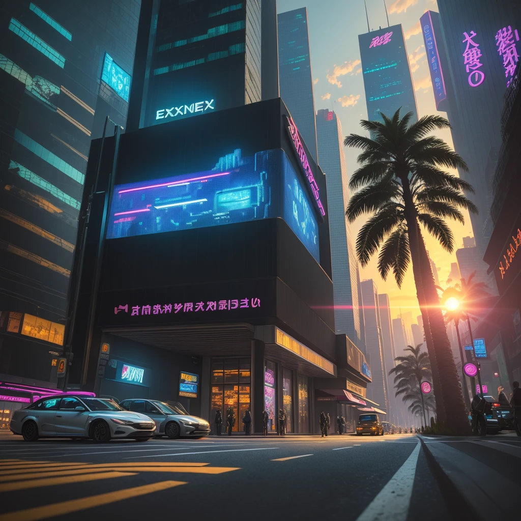 ((Best Quality)), ((Masterpiece)), (Detail: 1.4), Intricate details, Cinematic lighting, Sharp focus, Cyberpunk city, Mega buildings, Front store, Neon lights, Holograms, Sunset, Palm trees on the sidewalks, Cars on the road,