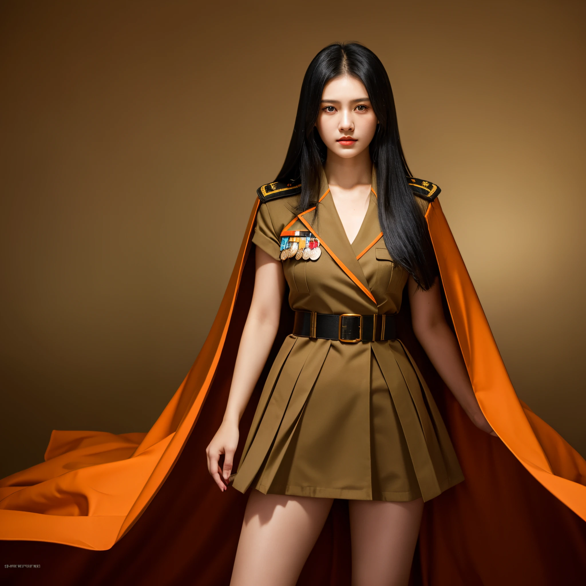 Long black hair white girl wearing military uniform, Orange cape, big hazel eyes, sci-fy, Dark mood, Charturnerv2