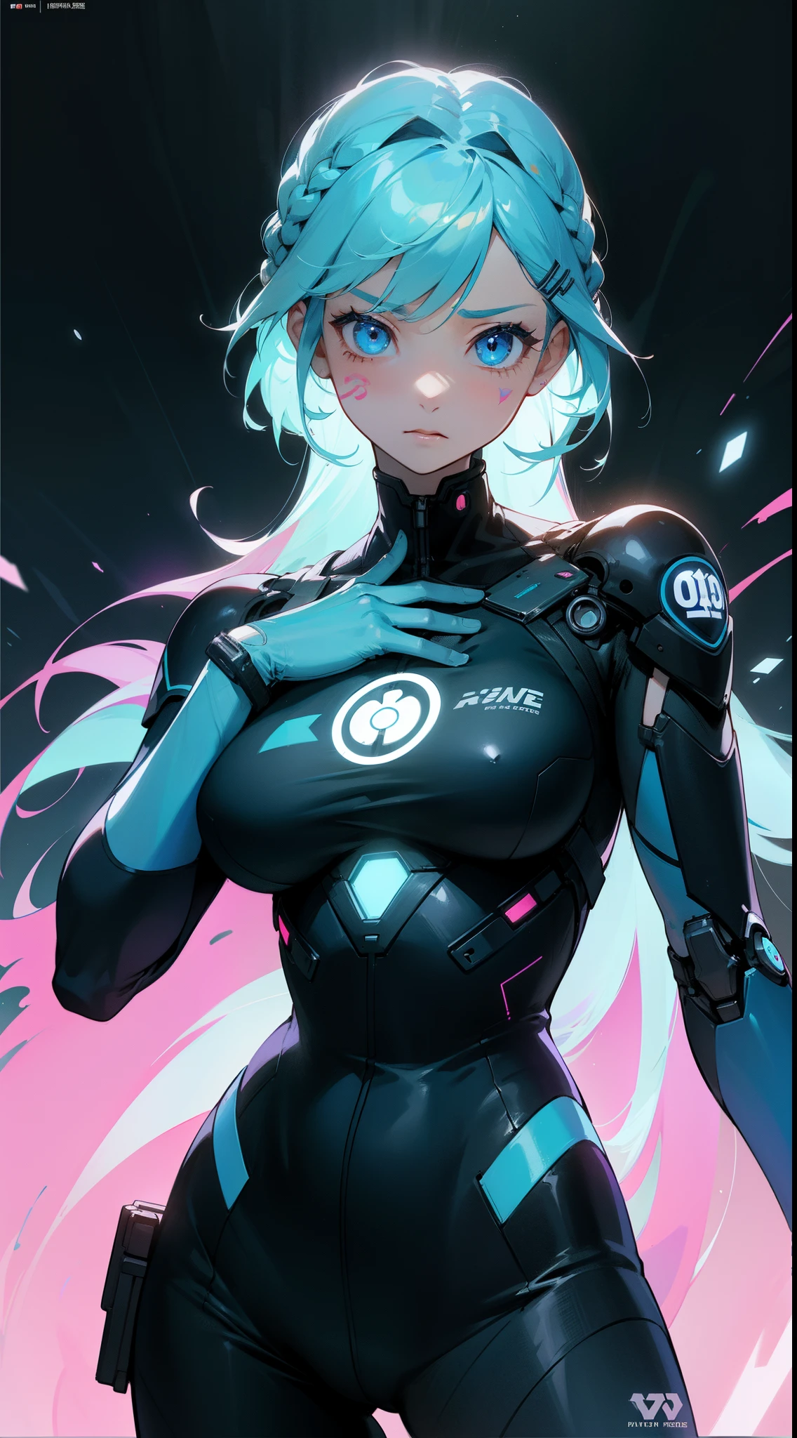 1 girl, Woman with light blue hair, french braid, dutch braid, bright light blue eyes，neon color, large full breasts, Cute Hair Clips, body tattoos, Bracelet in hand, Movie Posters、It depicts a young woman as the central character。She stands confidently in the center of the poster，Wear a trendy cyborg futuristic outfit、with determined expressions on their faces。Dark and grainy background，There is a sense of crisis and a strong sense、The color palette is dominated by dark colors，Dotted with bright colors、pantomime art、expressive body language、silent storytelling、evocative gestures、visual narratives