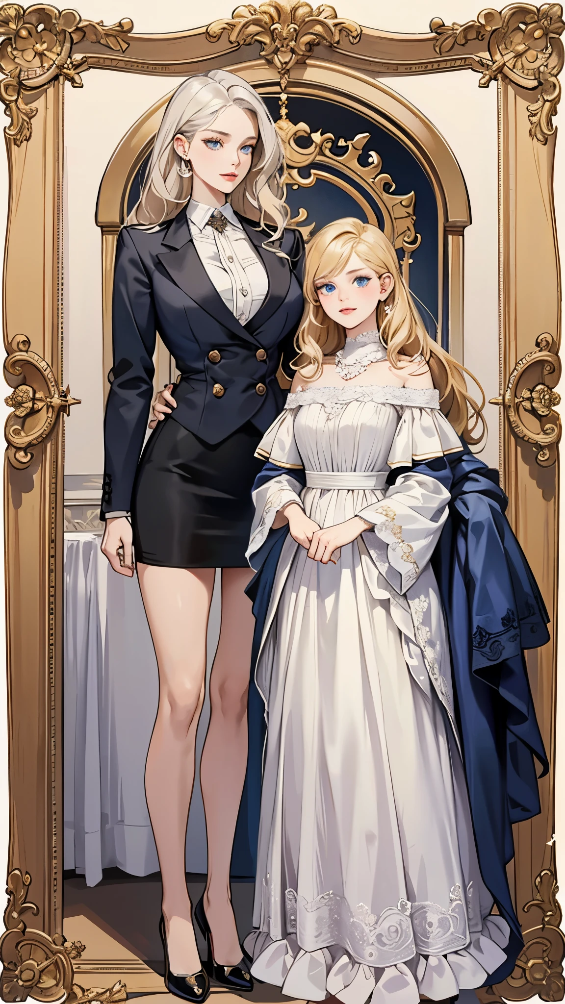 In the family portrait, Madame Seraphina and her daughter Isabella stand side by side, strikingly similar yet distinctly different. Seraphina, age 40 but she possesses a timeless beauty that often leads people to mistake her for a student, headmistress, is dressed in her professional attire: a tailored pencil skirt that accentuates her slim waist and a low-cut silk blouse that reveals her flawless complexion and youthful beauty. Her accessories, a string of pearls around her neck and diamond studs in her ears, add an air of sophistication to her look. Her long, wavy hair is styled perfectly, and her captivating eyes look straight into the camera, exuding an air of power and authority. Her full lips curve into an enigmatic smile, hinting at the complex character beneath her stunning exterior.
Standing next to her, Isabella, , is a mirror image of her mother in her younger years. Her school uniform, a crisp white blouse tucked into a navy-blue skirt, is worn with a unique flair. The skirt is daringly short, showcasing her long, model-like legs. Her tie is knotted perfectly, and a vintage silver locket hangs around her neck, subtly hinting at her rebellious nature. Her blonde hair, similar to her mother's, cascades down her shoulders, adding to her youthful charm. Her captivating blue eyes, a carbon copy of her mother's, sparkle with a mix of innocence and mischief.
Both women, despite the difference in their attire, stand tall and confident, their postures radiating elegance and authority. The family resemblance is unmistakable, from their physical features to their shared sense of style. Yet, their individual personalities shine through, creating a captivating contrast. Seraphina's dominance and power are balanced by Isabella's youthful rebellion and charm, this family portrait a testament to their complex and intertwined relationship.